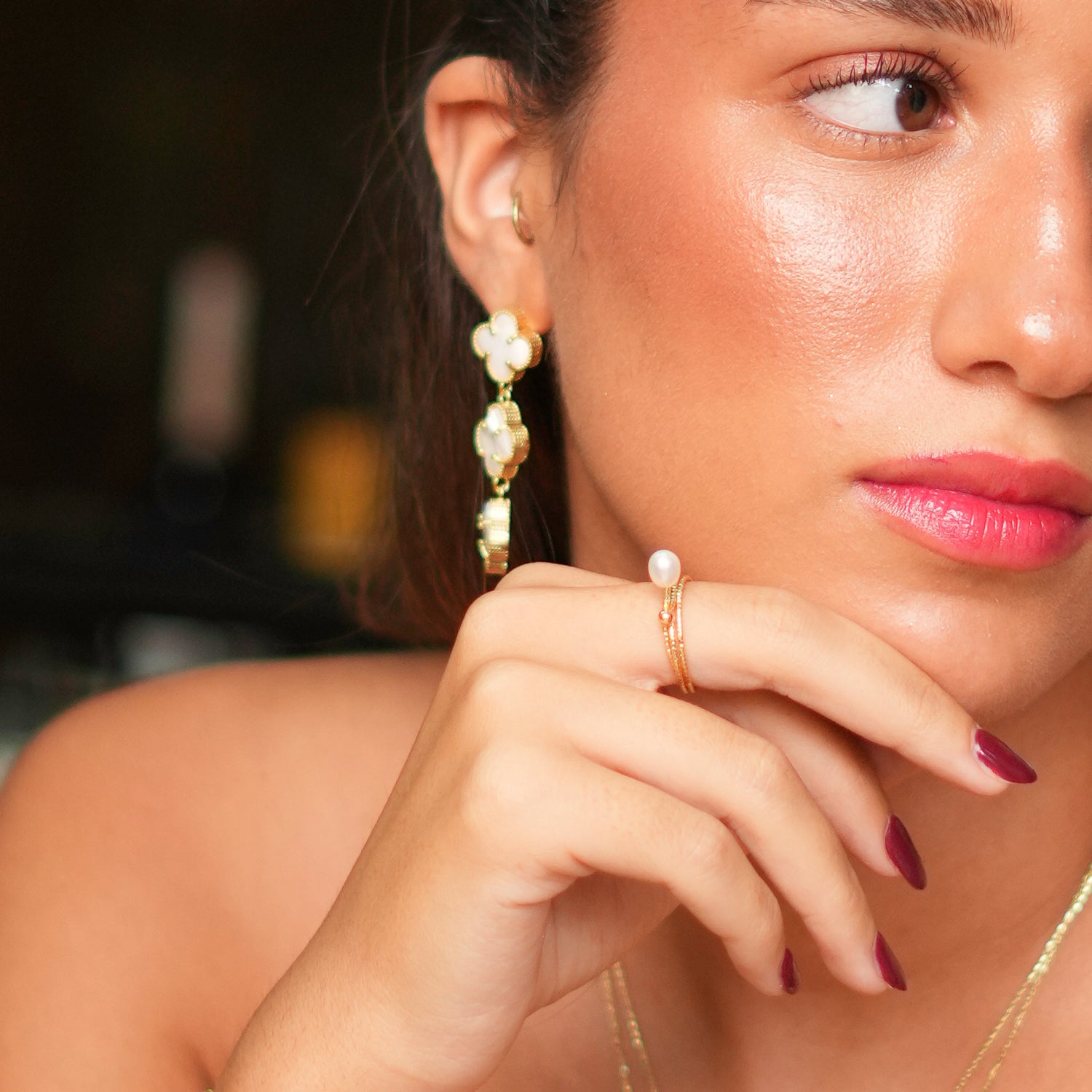Delicate Pearl Floating on Gold Band Minimalist Cocktail Ring with Adjustable Size