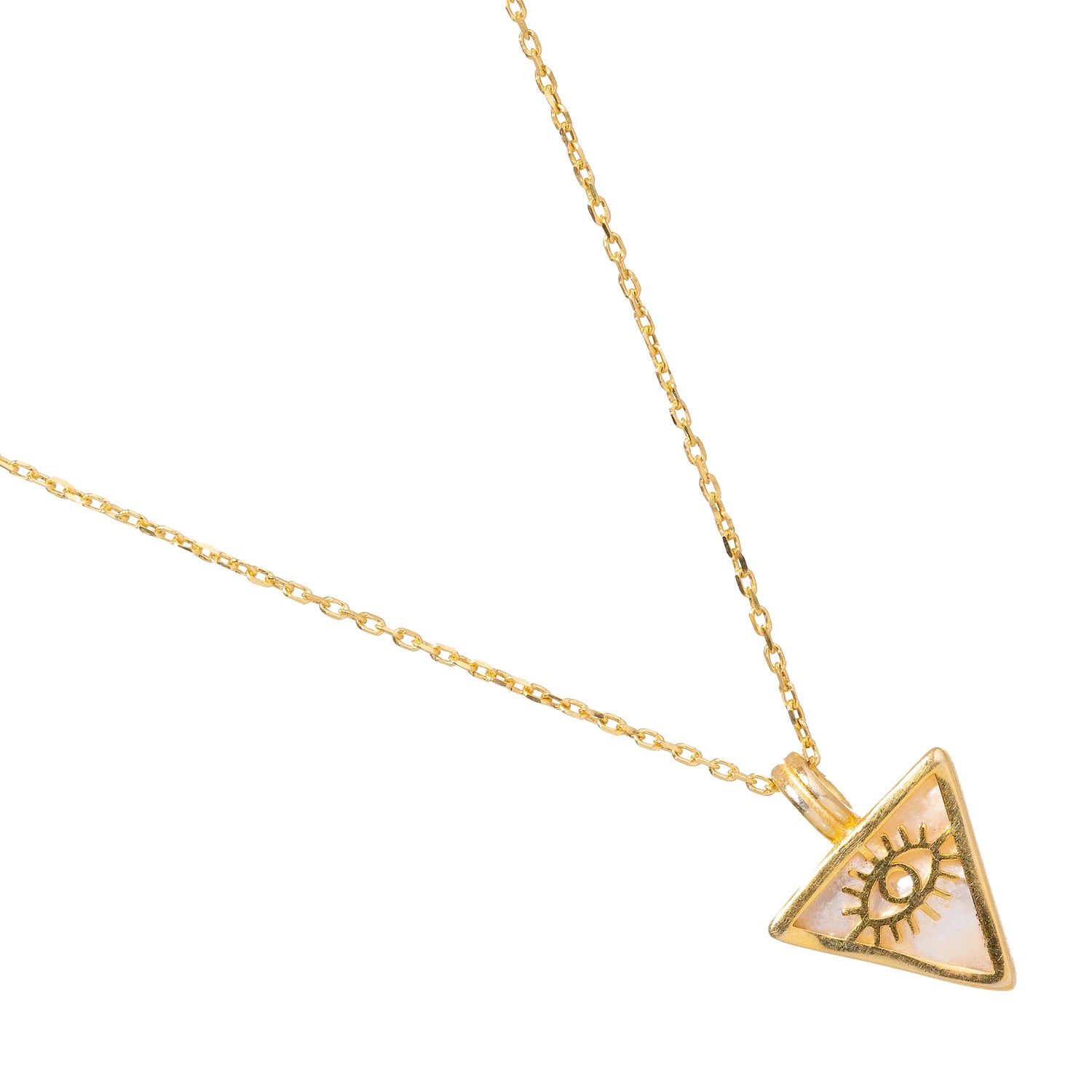 Trendy necklace featuring a pearl triangle pendant with a gold evil eye talisman, in 18k gold-plated sterling silver, 18" length with 2'' extender.