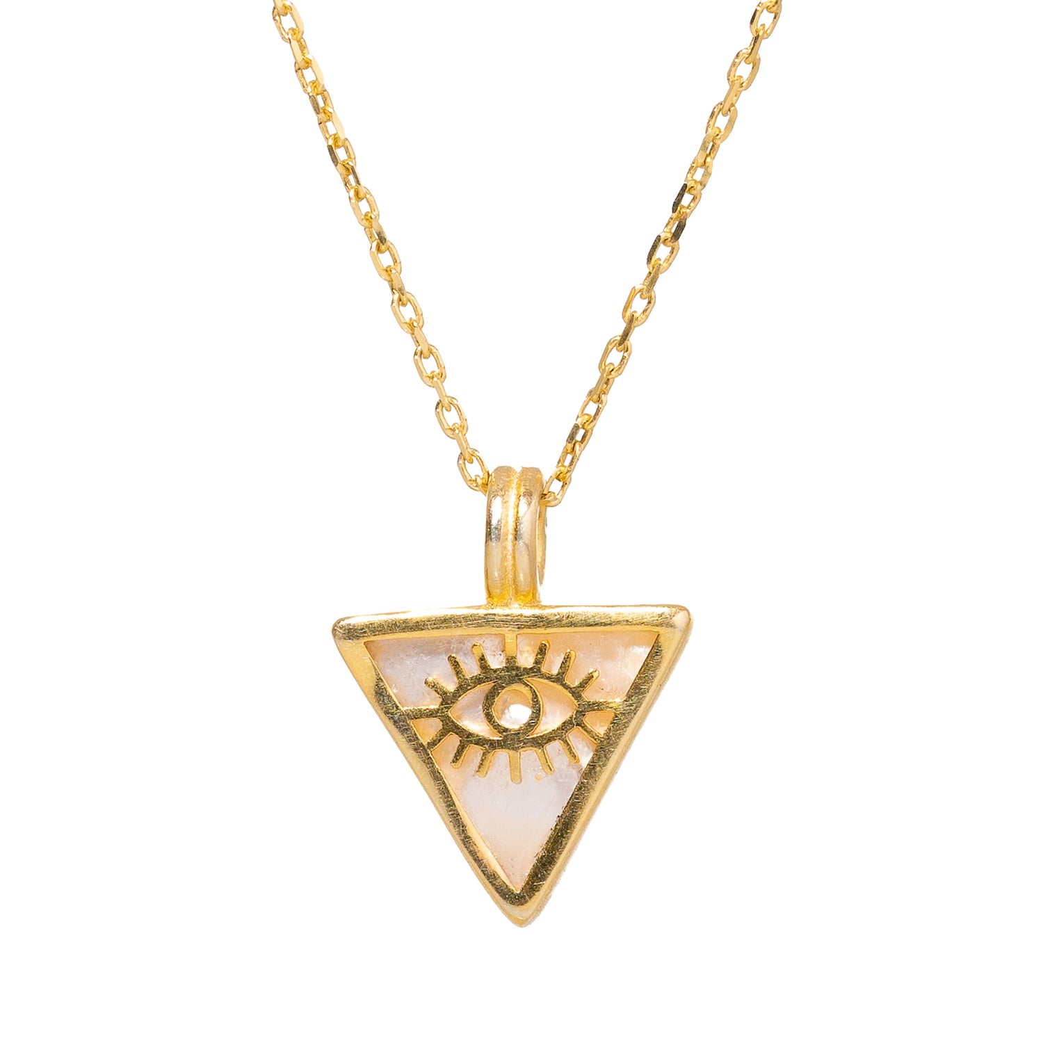 Stylish necklace with a pearl triangle pendant and gold evil eye talisman, crafted in 18k gold-plated sterling silver.