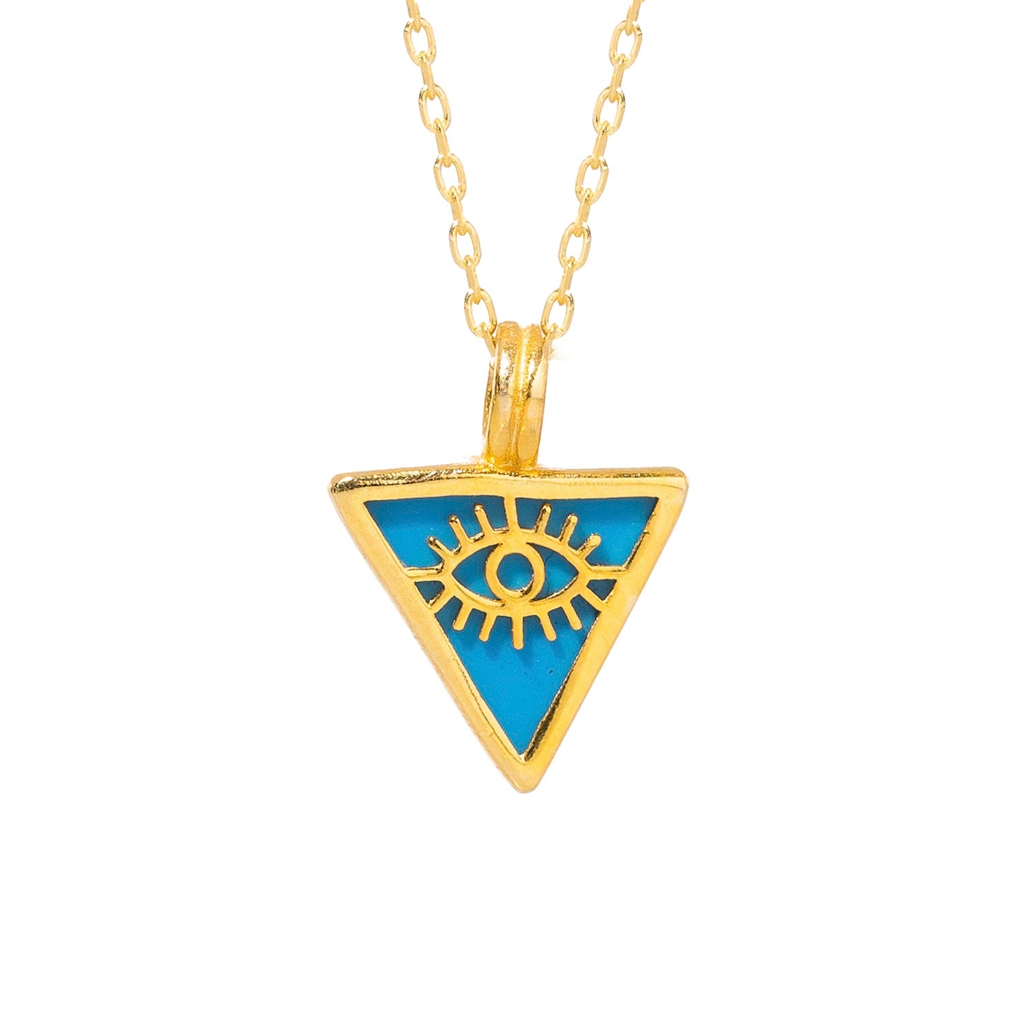 Refined 18k gold-plated necklace with a turquoise triangle pendant and gold evil eye talisman, featuring an 18" chain with 2'' extender.