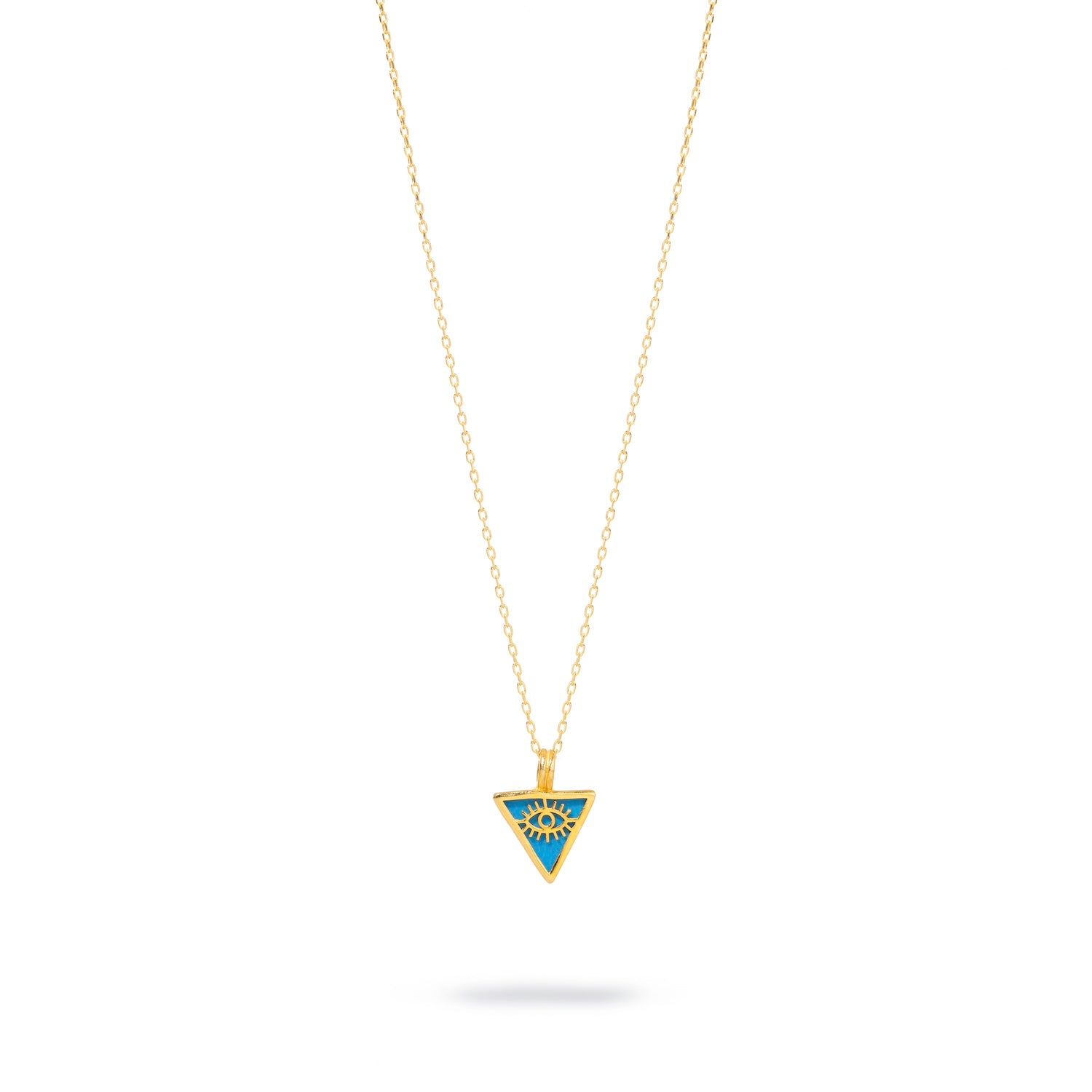 Minimalist design with a turquoise triangle and gold evil eye talisman pendant, set on a luxurious 18k gold-plated sterling silver chain.
