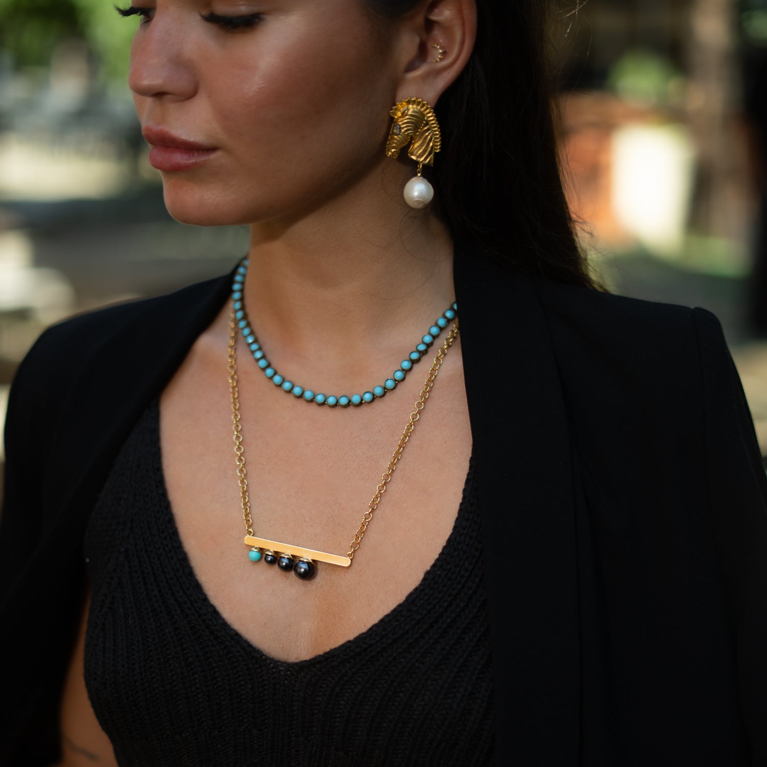 Modern Harmony Black Pearl & Turquoise Gold Necklace