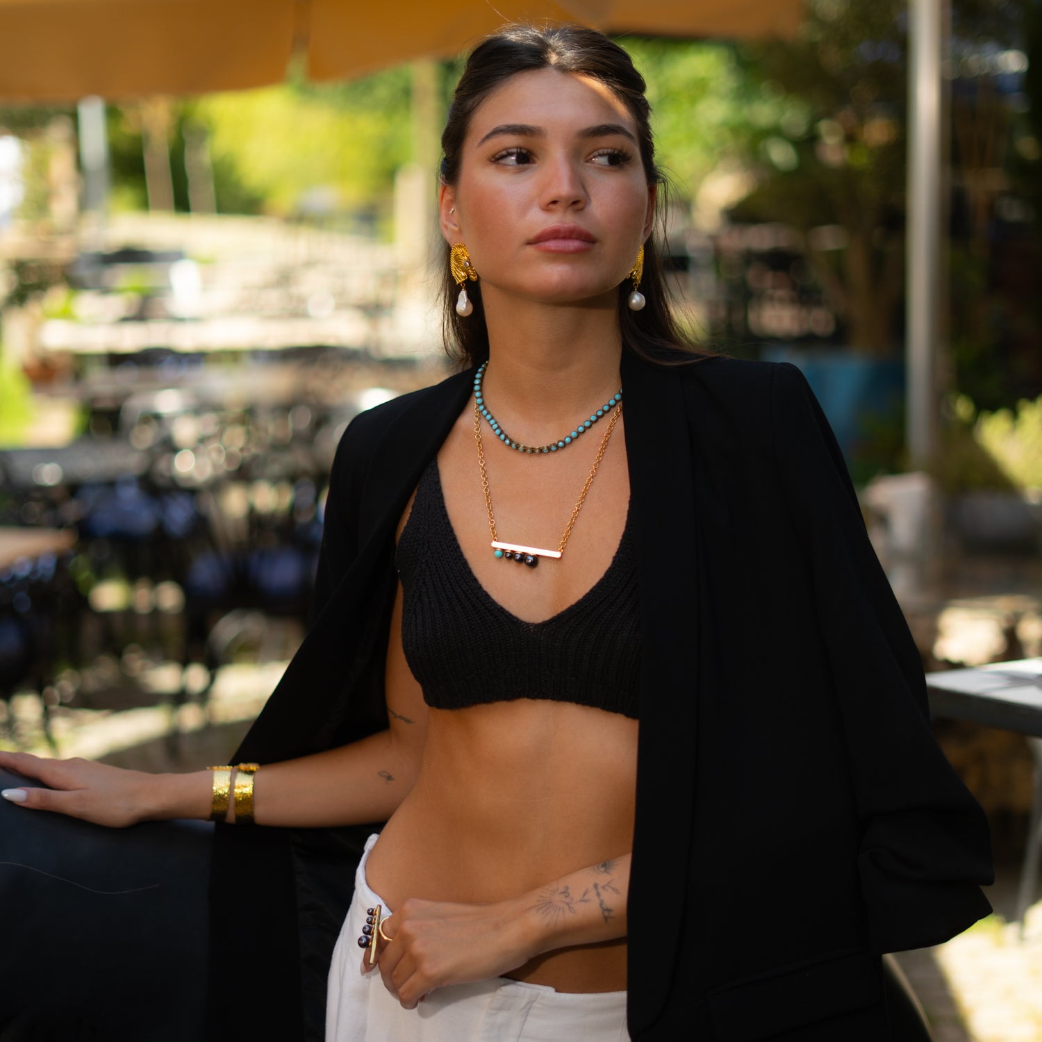 Modern Harmony Black Pearl & Turquoise Gold Necklace