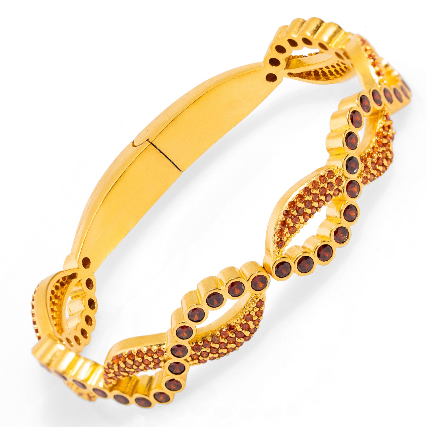 24K Gold Plated Brass Bangle with Carnelian Gemstones - Adjustable Size