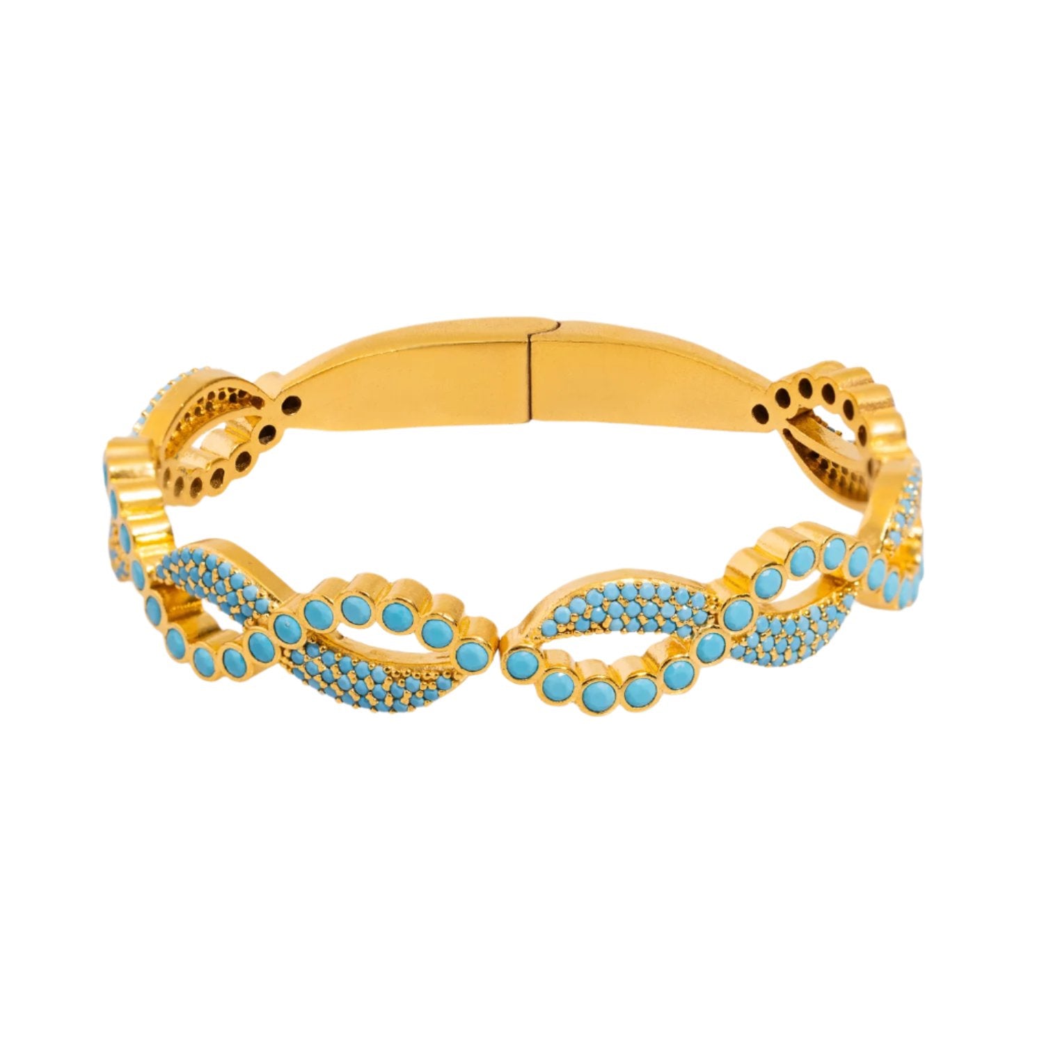 24K Gold Plated Brass Bangle with Turquoise Gemstones - Adjustable Size