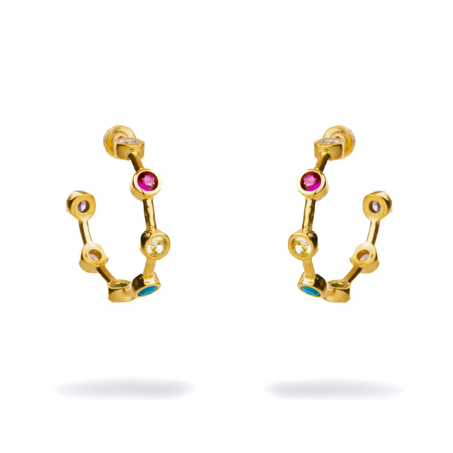 Playful 24k gold-plated hoops adorned with vibrant turquoise, ruby, emerald, and quartz stones, adding a lively pop of color.