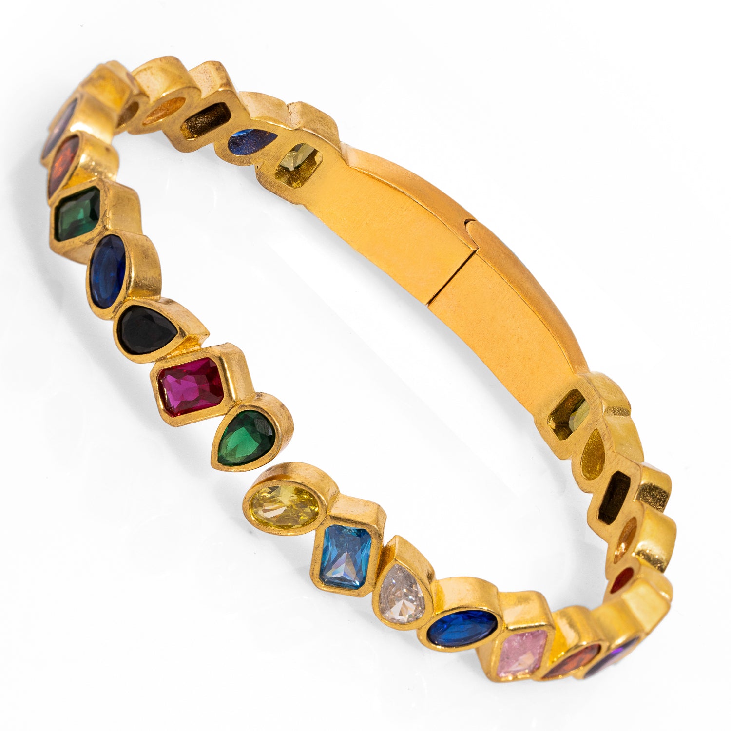 Gold-Plated Multi-Gemstone Bangle Bracelet for a Bold, Geometric Fashion Statement