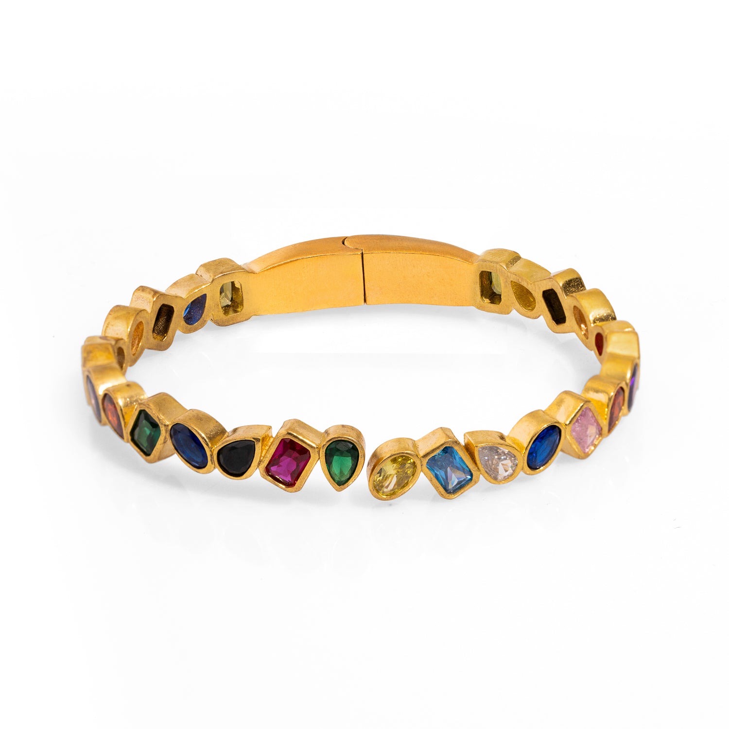 Gold Bangle Bracelet with Multi-Gemstones in Geometric Pattern for Fashionable Style