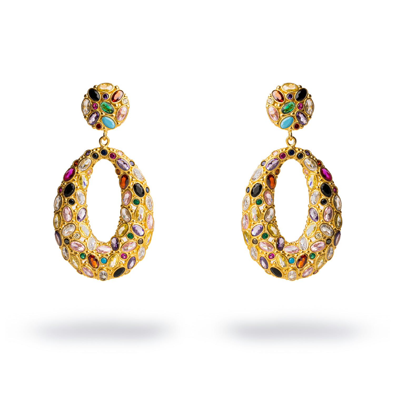 24K Gold-Plated Chunky Dangle Earrings with Turquoise, Ruby, and Sapphire Gemstones