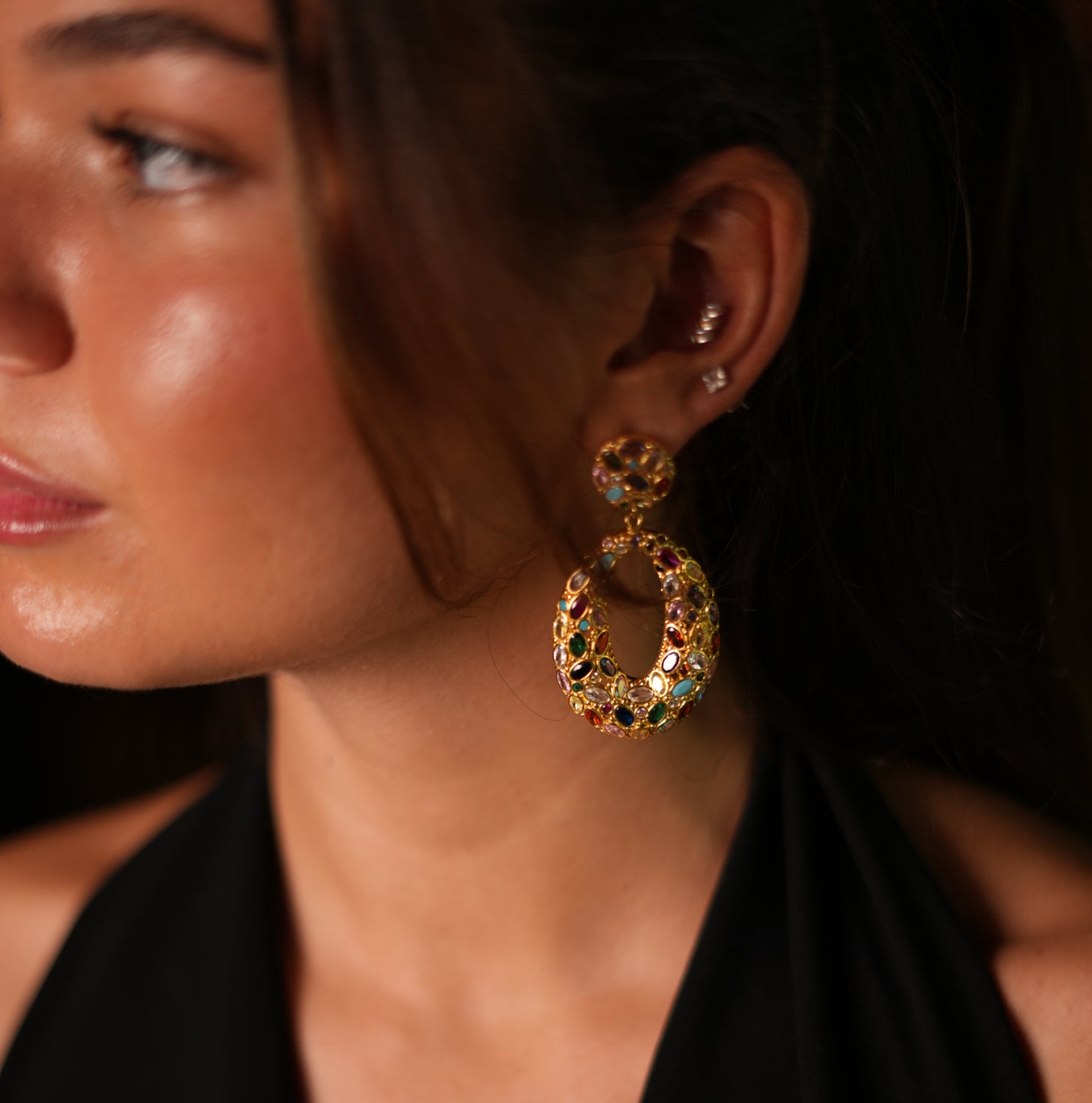 Chunky 24K Gold Dangle Earrings with Multi-Gemstones: Turquoise, Ruby, and Sapphire