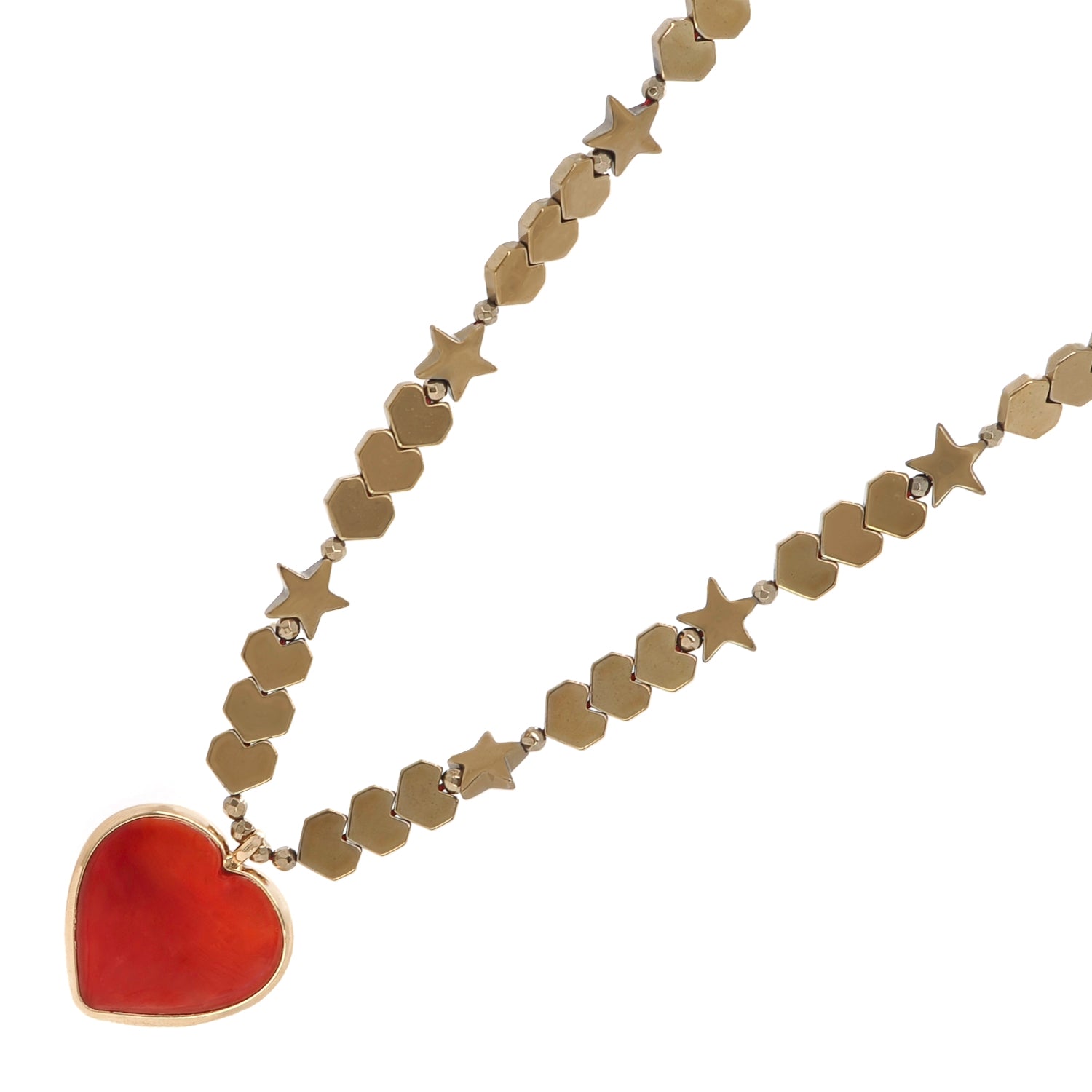 Gold-Plated Red Heart Ceramic Pendant Necklace with Hematite Star and Heart Beads for Spiritual Love