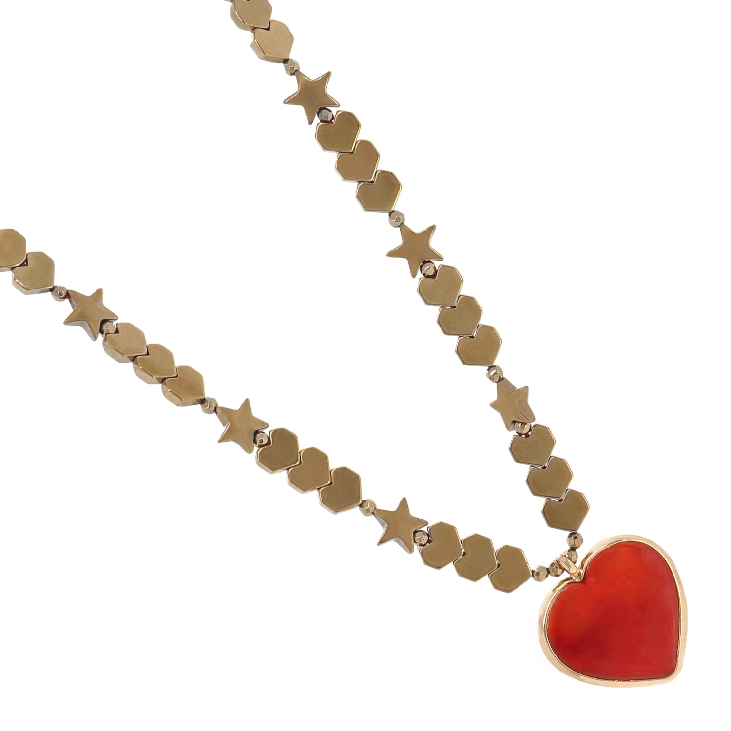 Gold Hematite Star Beads and Murano Glass Red Heart Pendant Necklace for Love and Strength