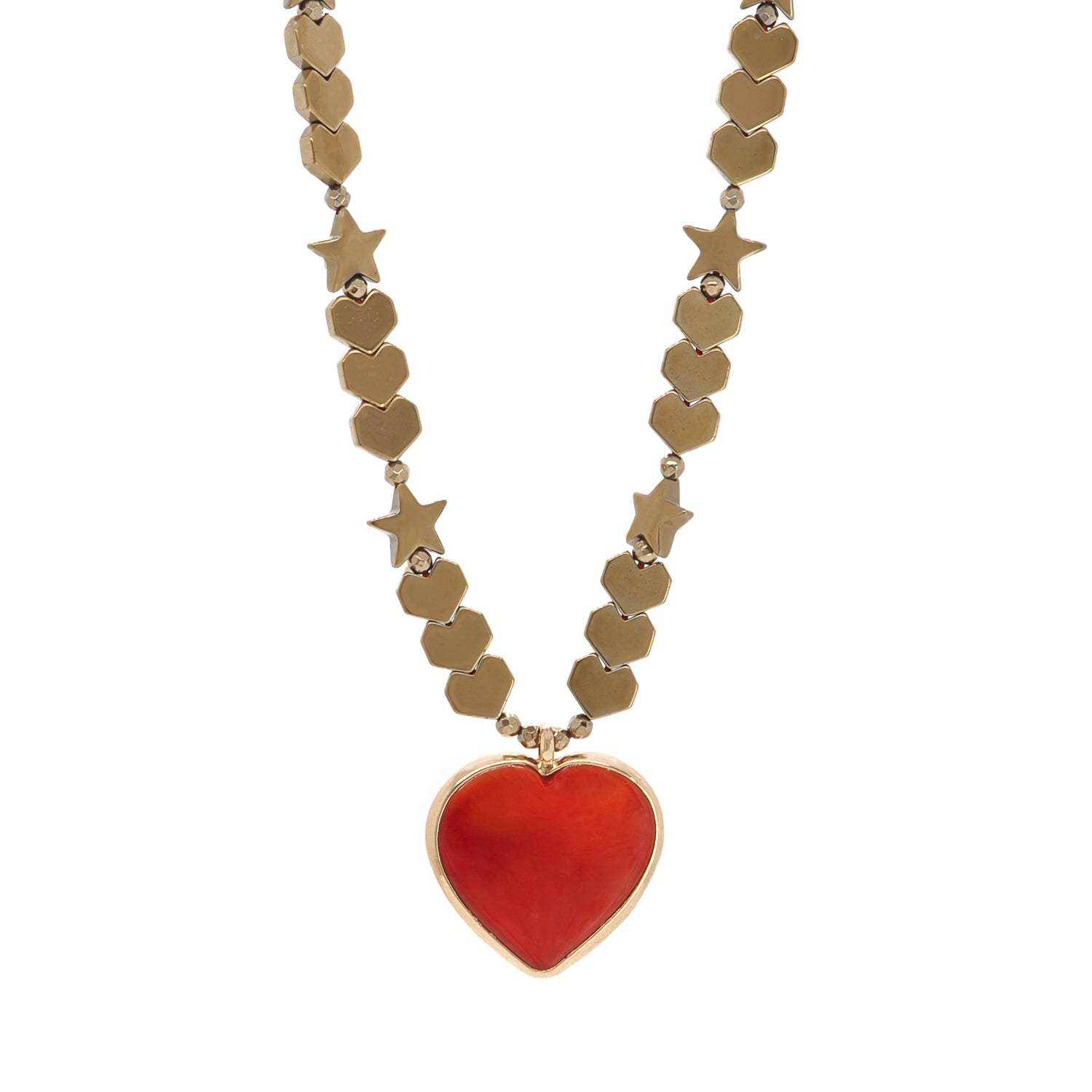 Chic Handmade Necklace with Gold Hematite Heart Beads and Red Murano Glass Heart Pendant