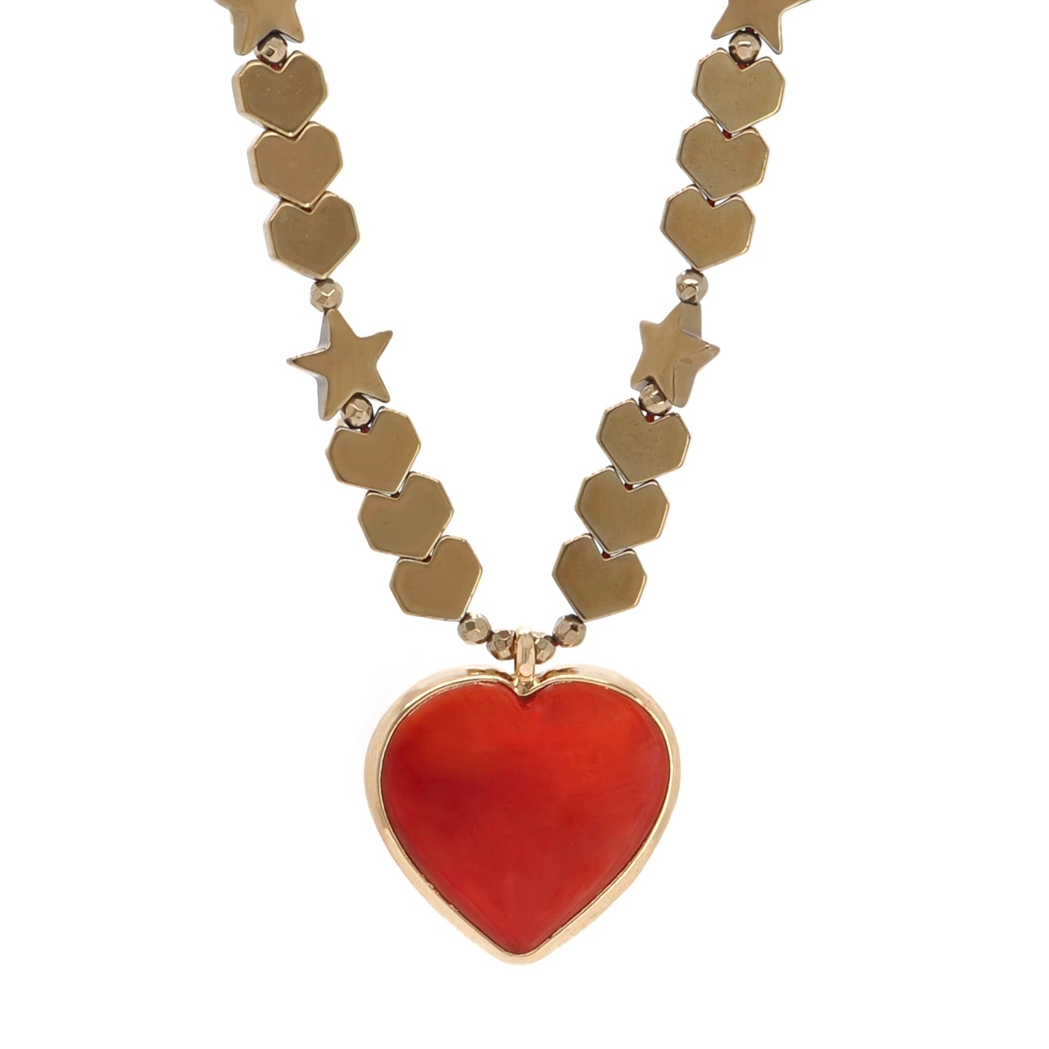 Vibrant Red Heart Murano Glass Pendant Necklace with Gold Hematite Star and Heart Beads