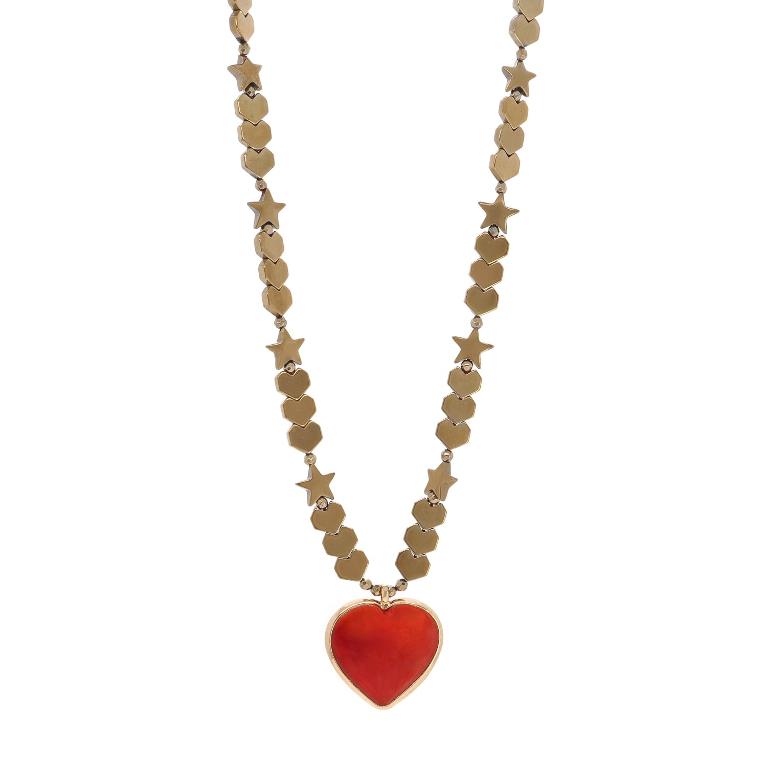 Elegant Murano Glass Red Heart Pendant Necklace with Gold Hematite Star Beads and Love Symbolism