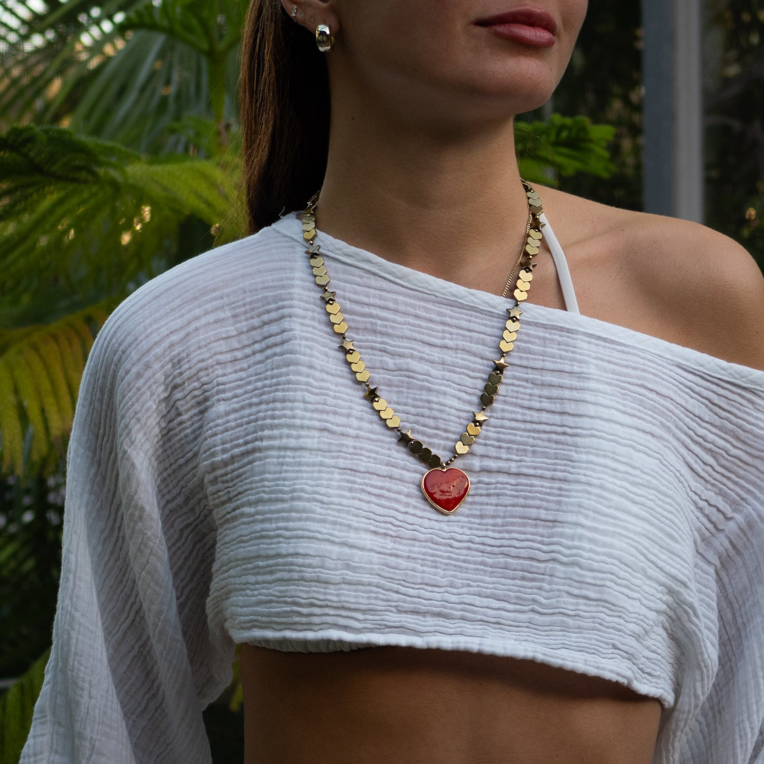 Handcrafted Murano Glass Red Heart Pendant Necklace with Gold Hematite Accents for Love and Guidance