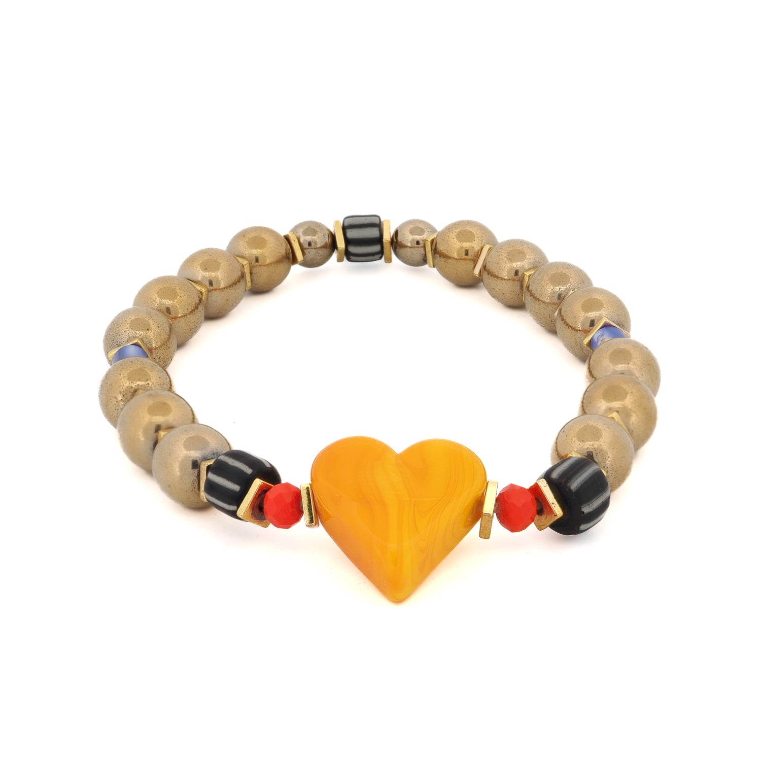 Wrist view of yellow heart charm bracelet with blue and black bead accents
