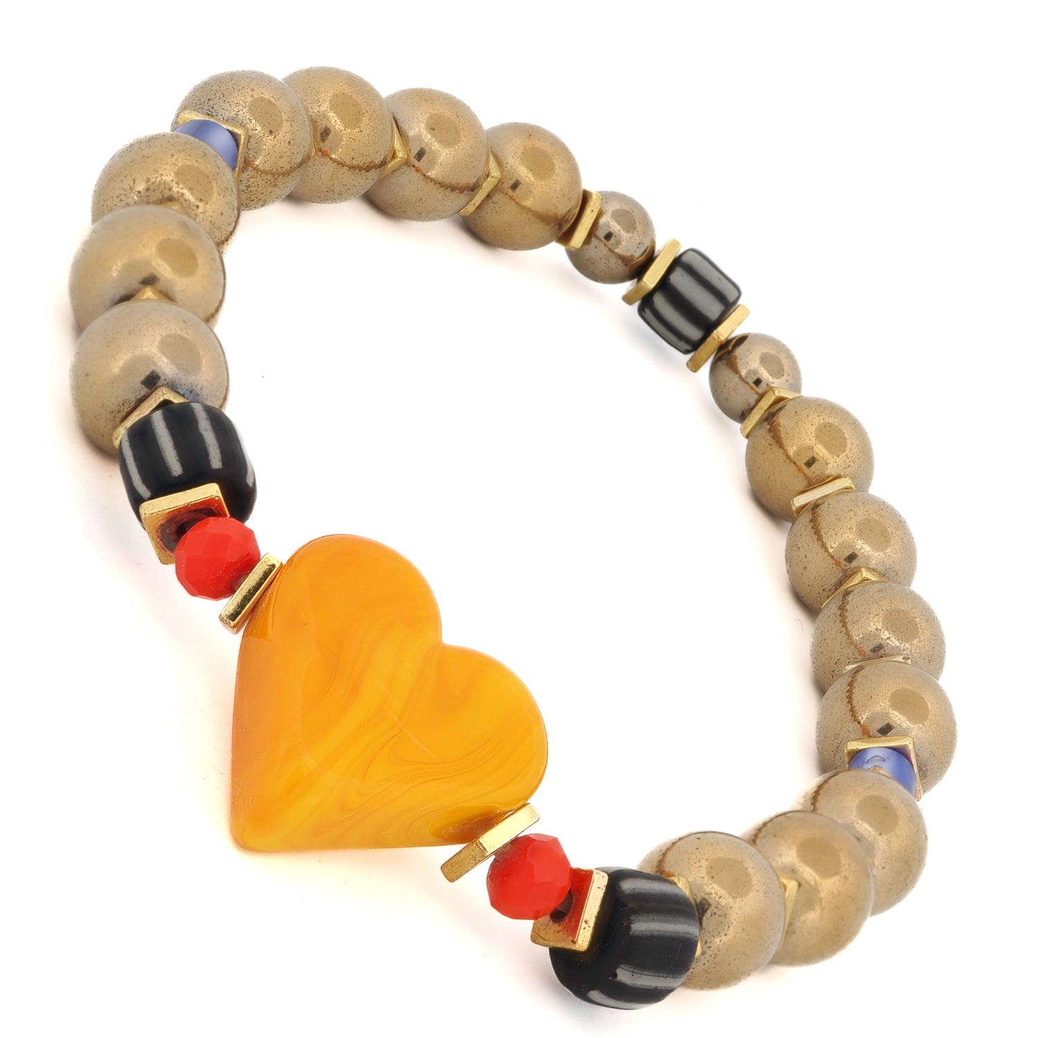Gold hematite stone bracelet with Murano glass bead symbolizing love and energy
