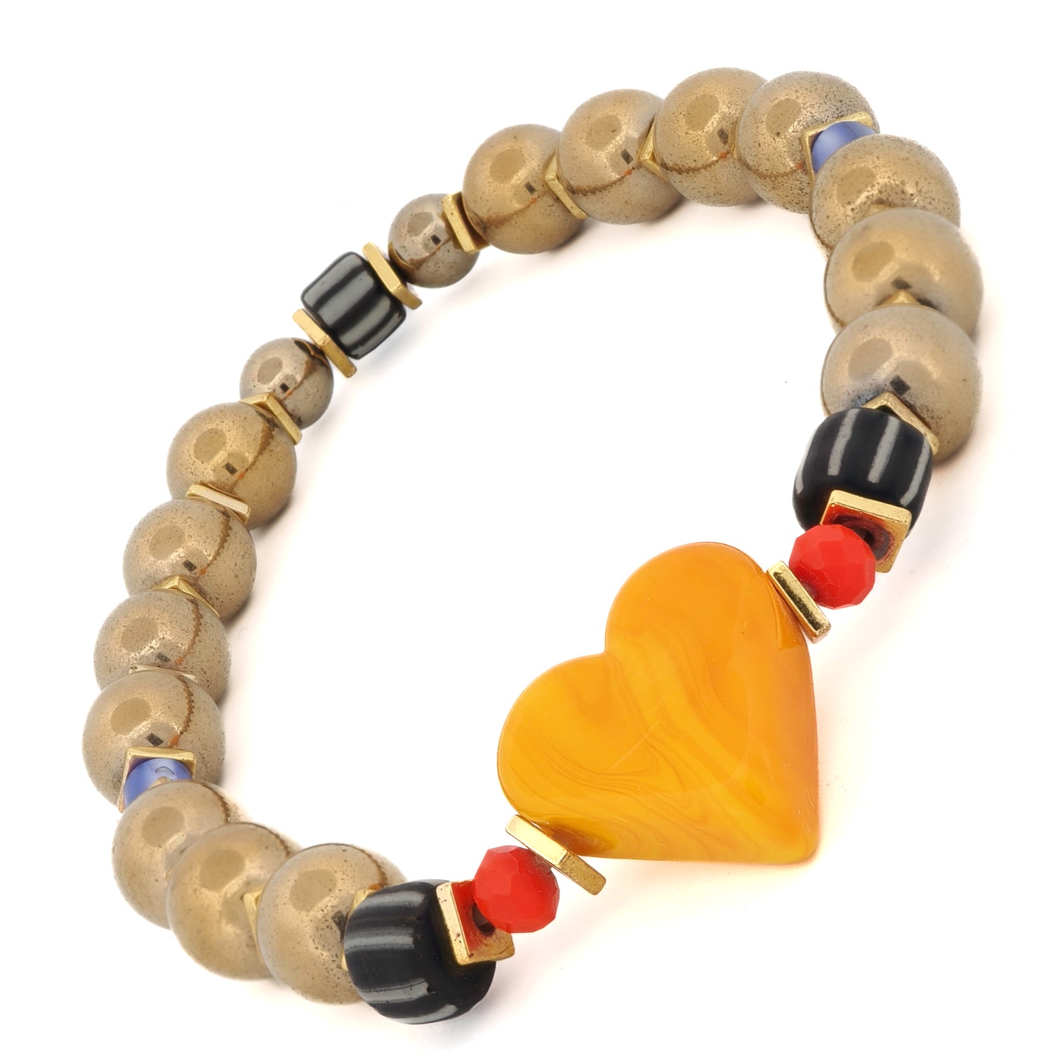 Handmade bracelet featuring Murano yellow heart charm, blue pearl, and black African beads