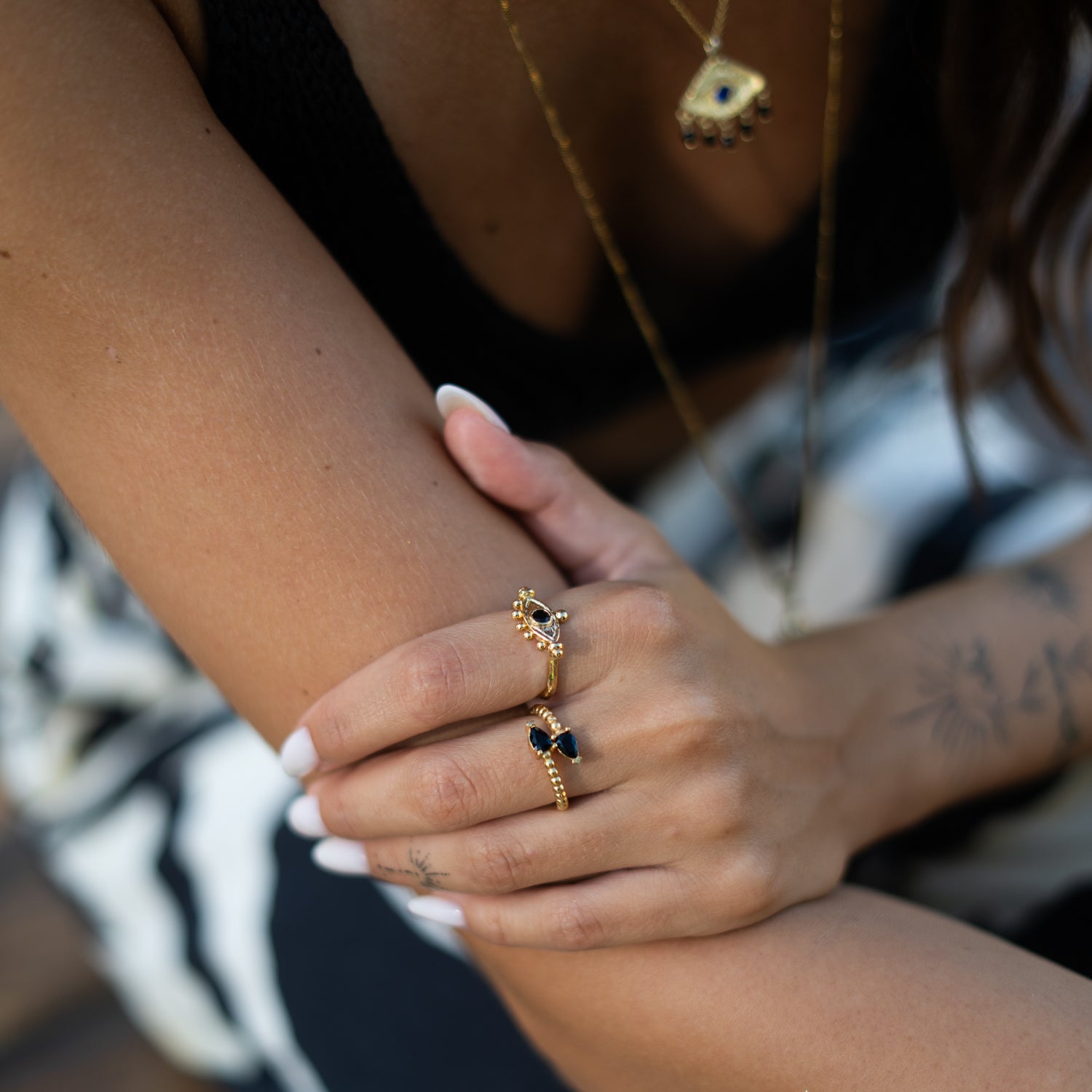 Mystic Black Onyx Evil Eye Gold Adjustable Band Ring