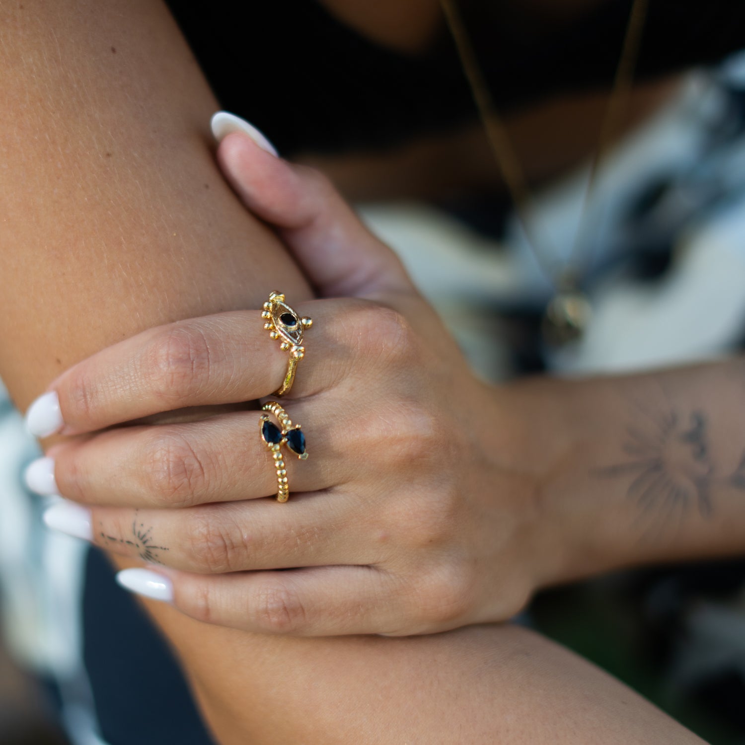 Mystic Black Onyx Evil Eye Gold Adjustable Band Ring