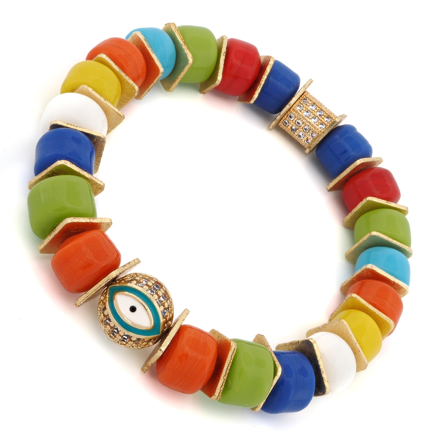 Close-up of colorful ceramic beaded bracelet with gold-plated zircon evil eye centerpiece
