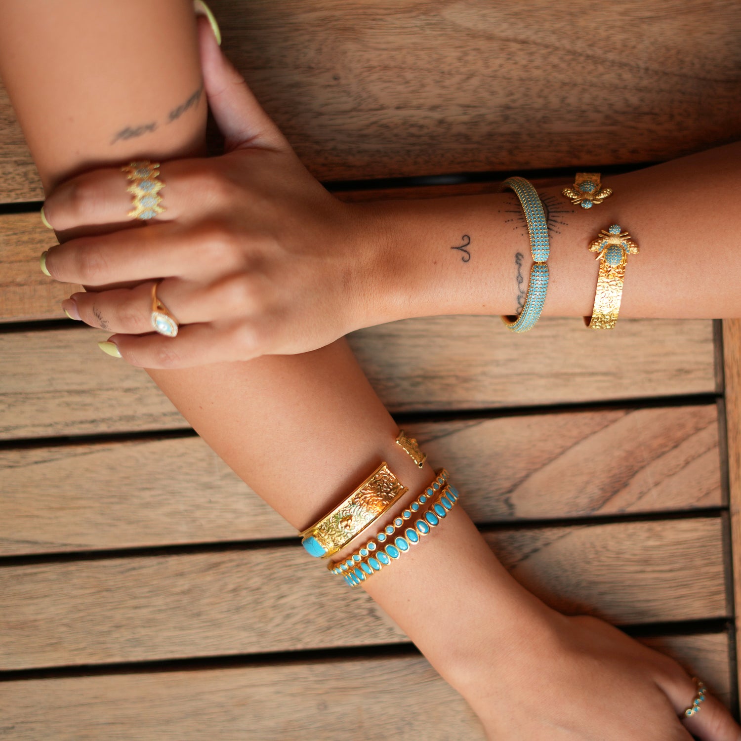 Handcrafted 24K Gold Cuff Bracelet with Turquoise Stones and Honey Bee Accents for Spiritual Style