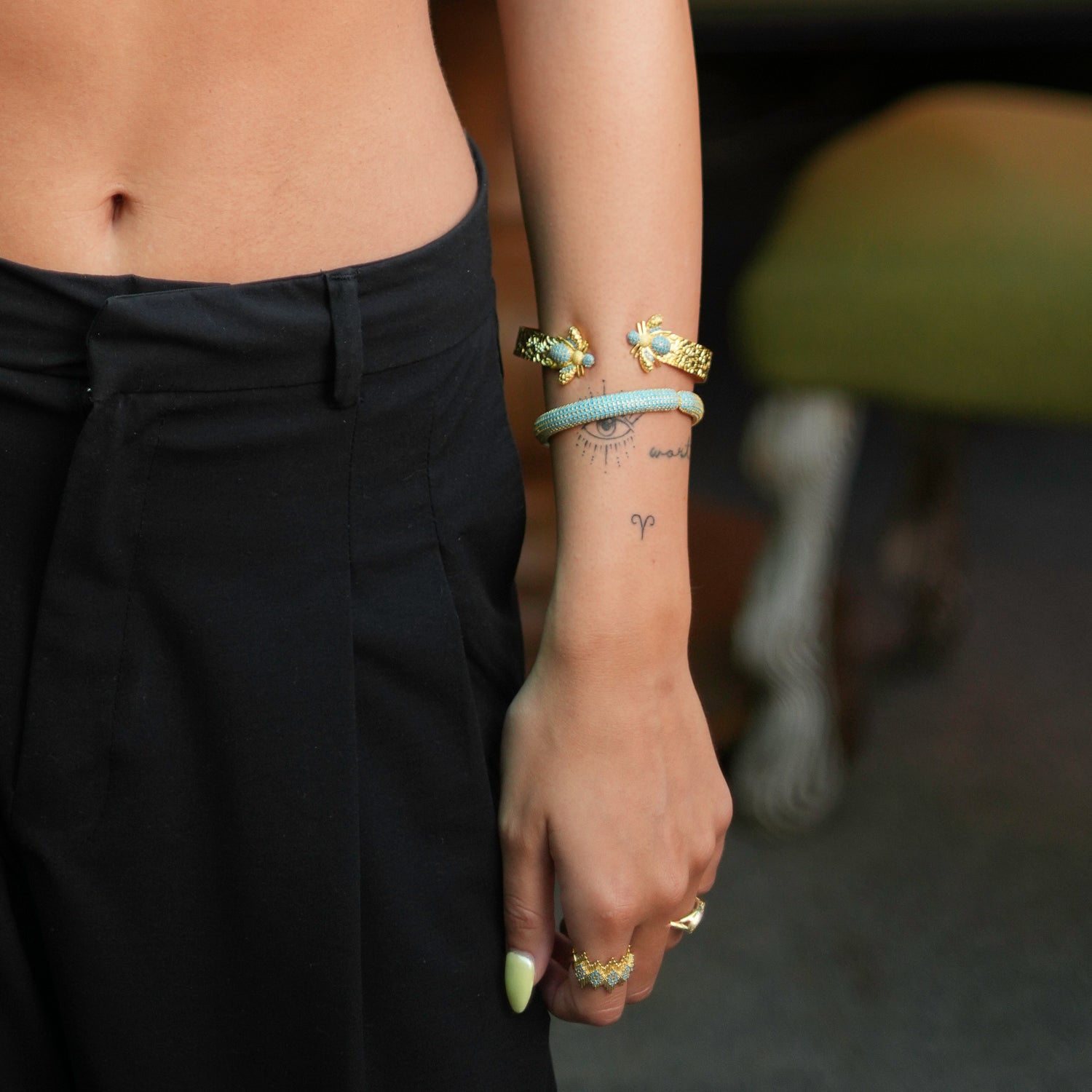 Handmade 24K Gold Cuff Bracelet with Turquoise Stones and Spiritual Honey Bee Design