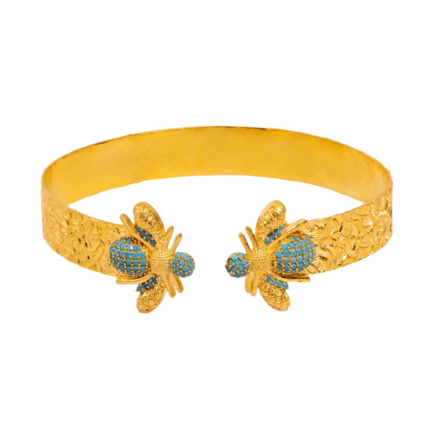 Gold Cuff Bracelet with Honey Bee Design and Turquoise Stones for Elegant Mysticism