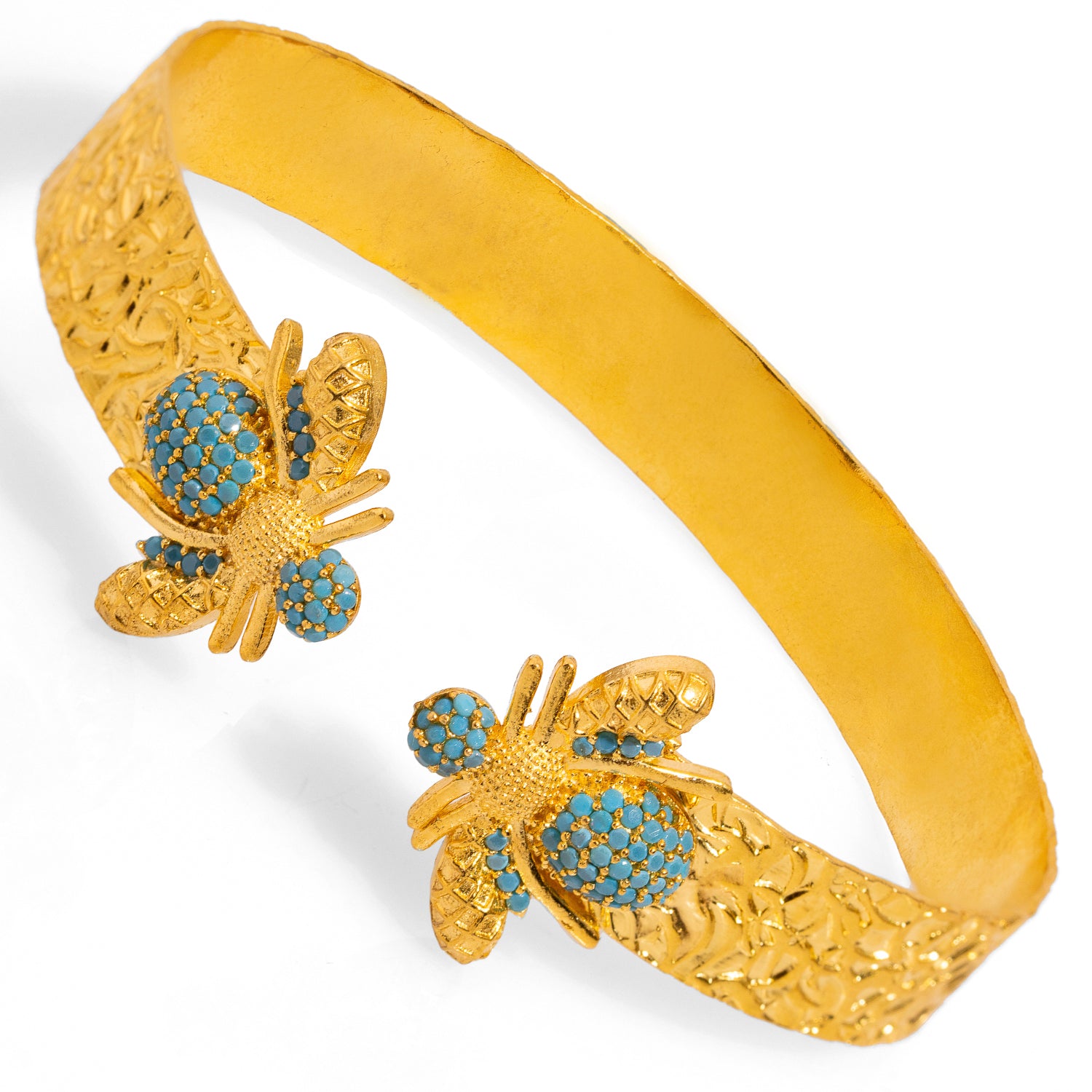 Gold Honey Bee Cuff Bracelet with Turquoise Stones for a Chic, Mystical Fashion Statement