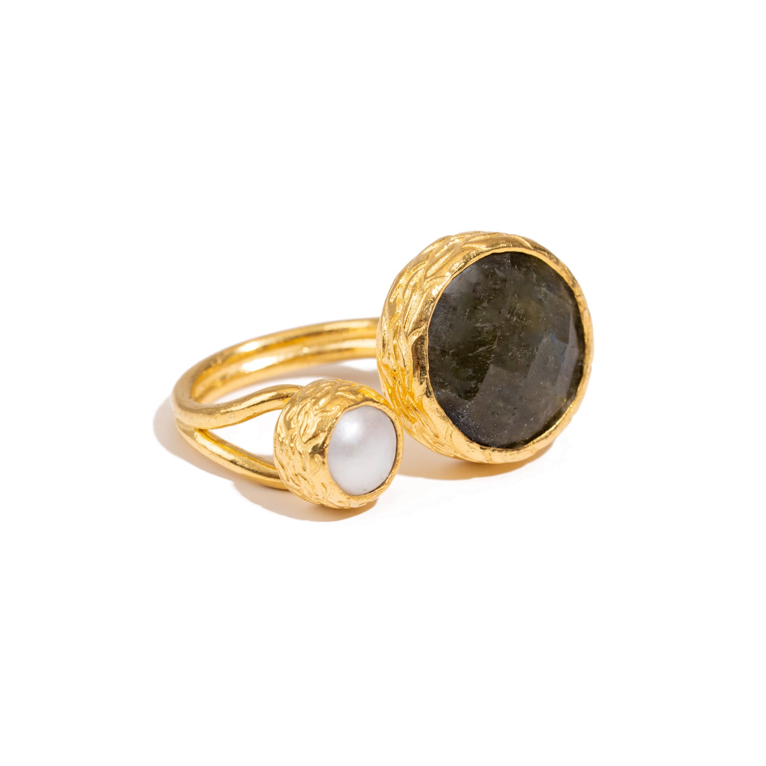 Mystic Duo Labradorite & Pearl Gold Adjustable Ring