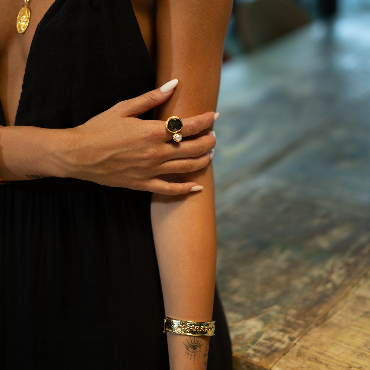 Mystic Duo Labradorite & Pearl Gold Adjustable Ring