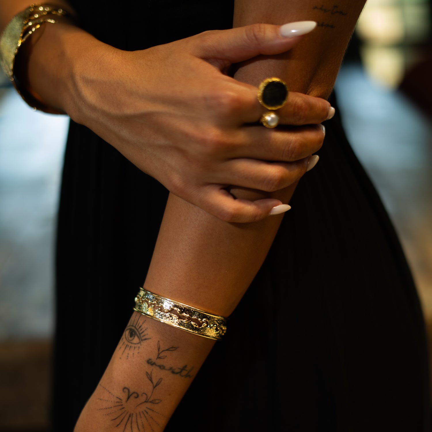 Mystic Duo Labradorite & Pearl Gold Adjustable Ring