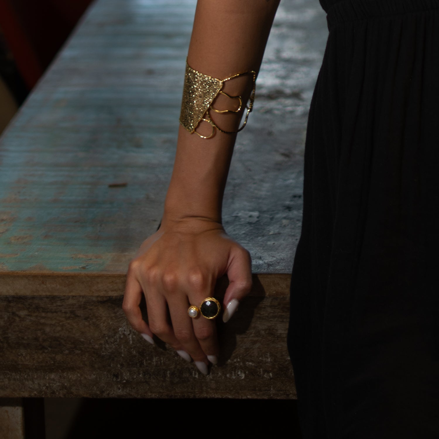 Mystic Duo Labradorite & Pearl Gold Adjustable Ring