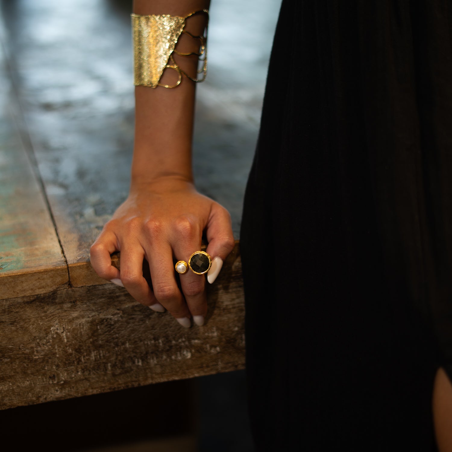 Mystic Duo Labradorite & Pearl Gold Adjustable Ring