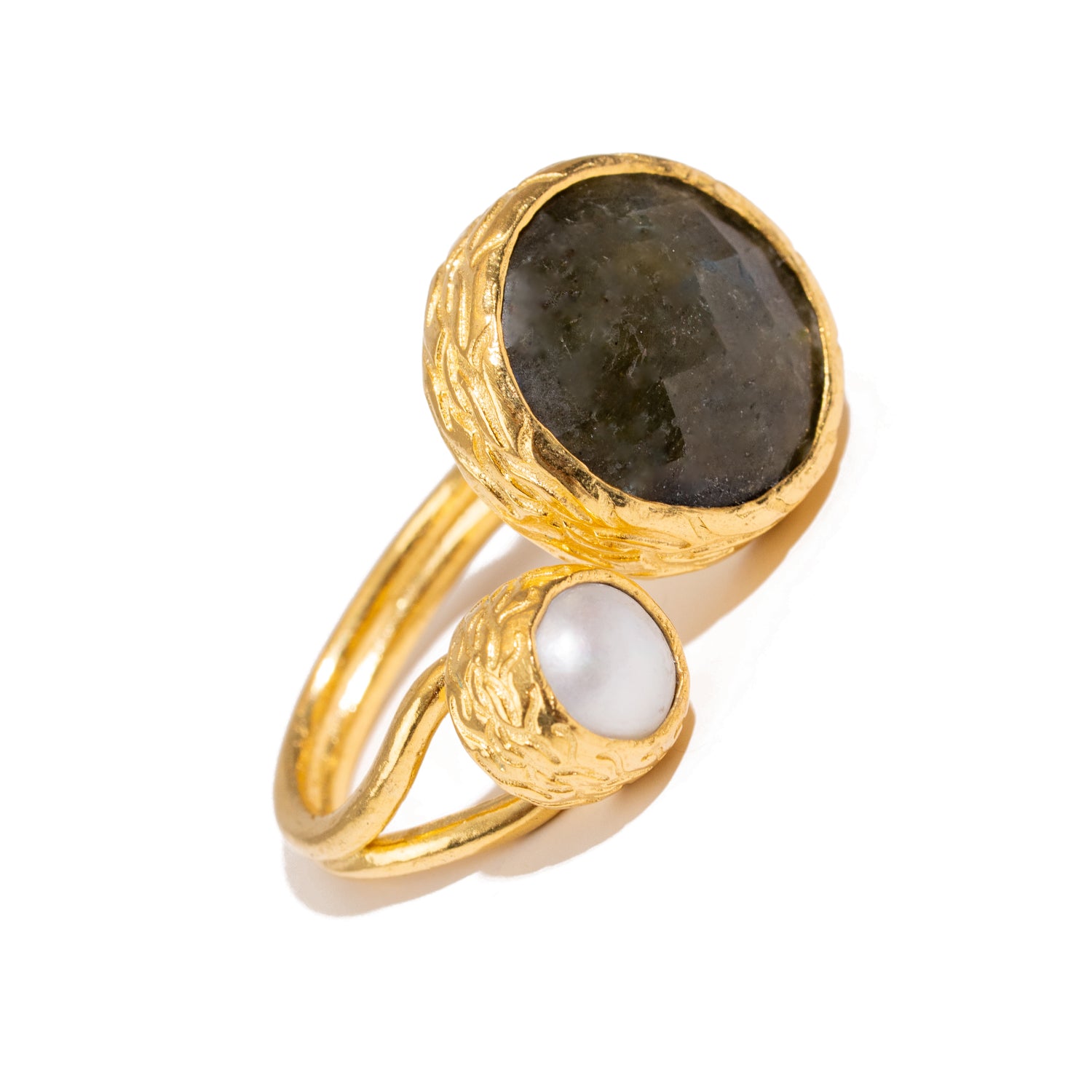 Mystic Duo Labradorite & Pearl Gold Adjustable Ring