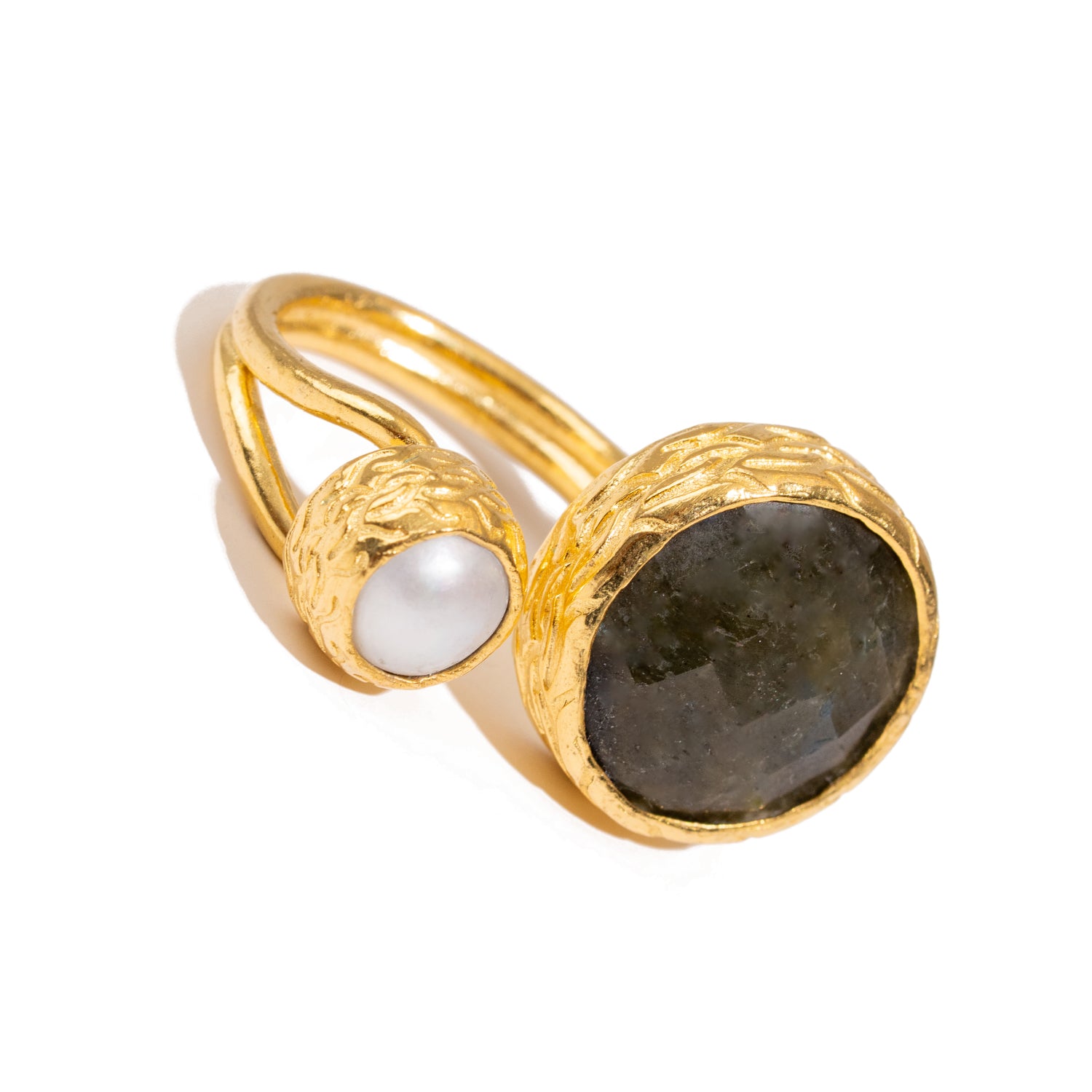 Mystic Duo Labradorite & Pearl Gold Adjustable Ring