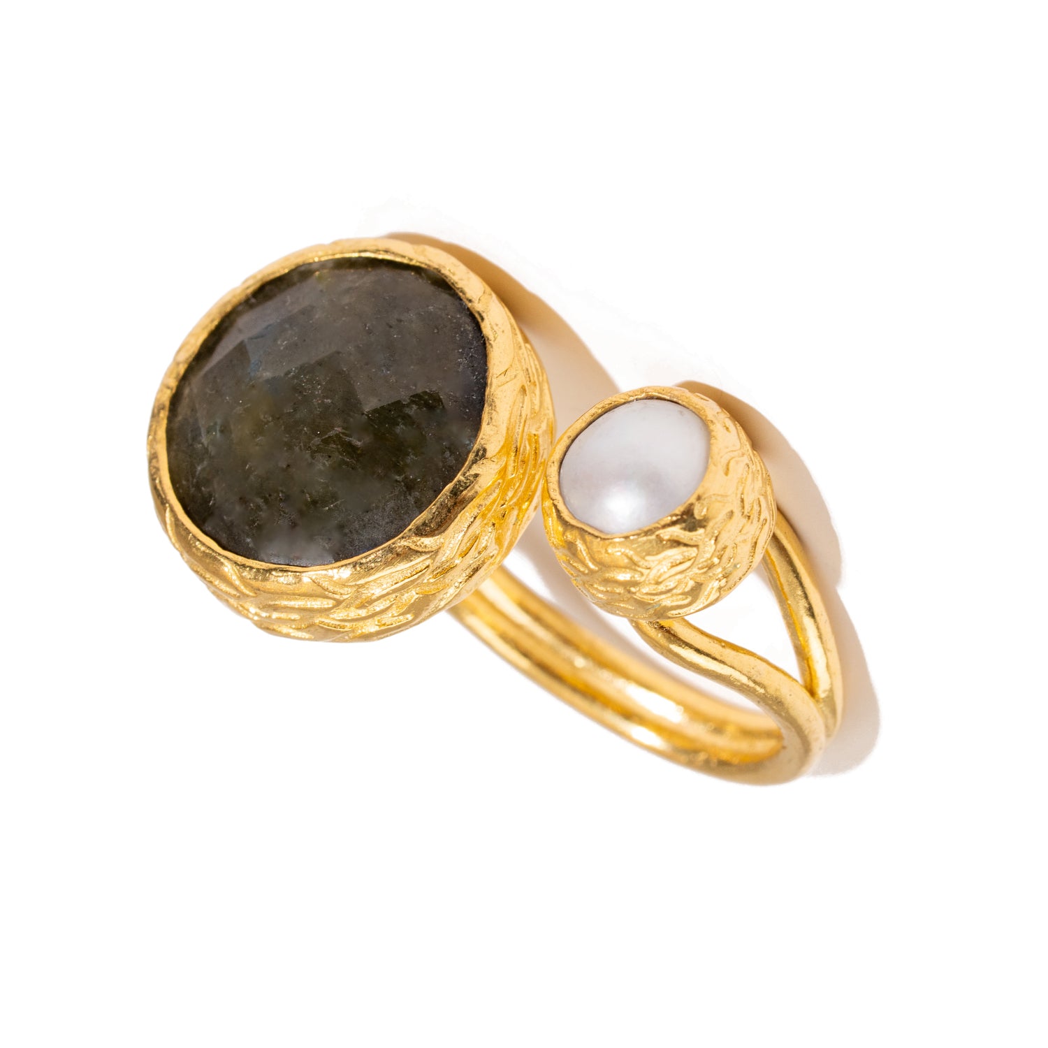 Mystic Duo Labradorite & Pearl Gold Adjustable Ring