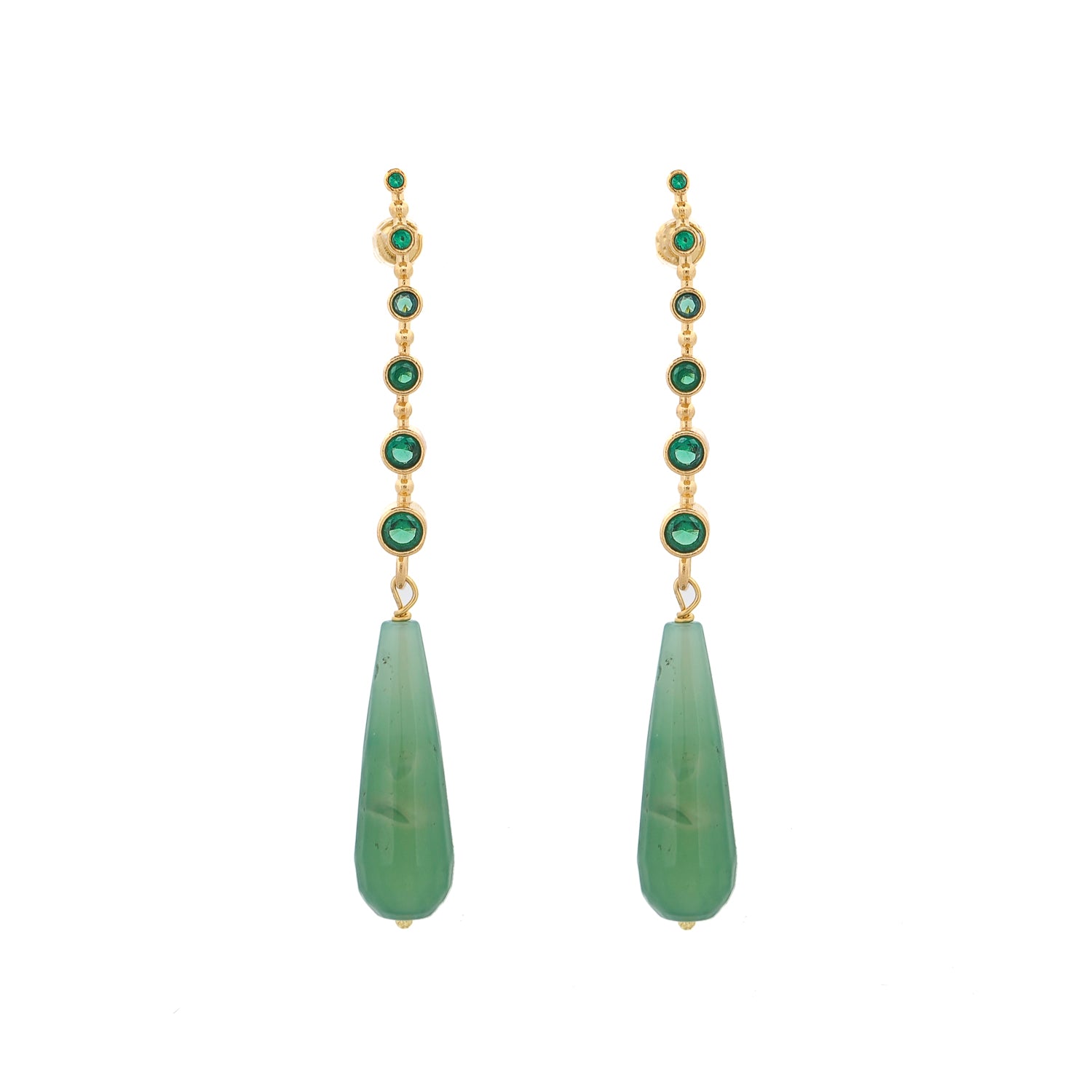Mystic Energy jade teardrop earrings with green crystals and gold-plated bronze on white background