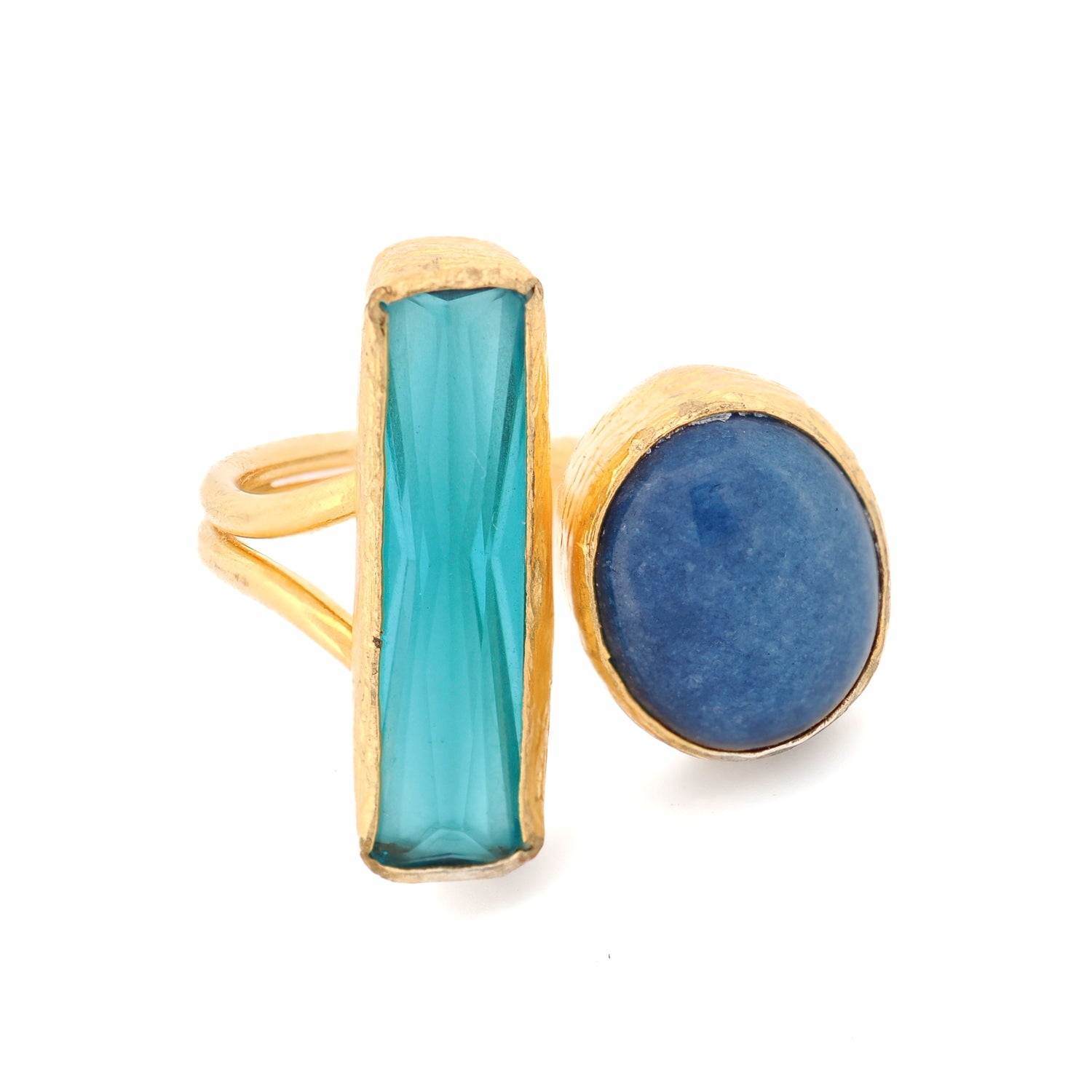 Mystic Flow blue topaz and lapis lazuli dual gemstone adjustable ring on white background