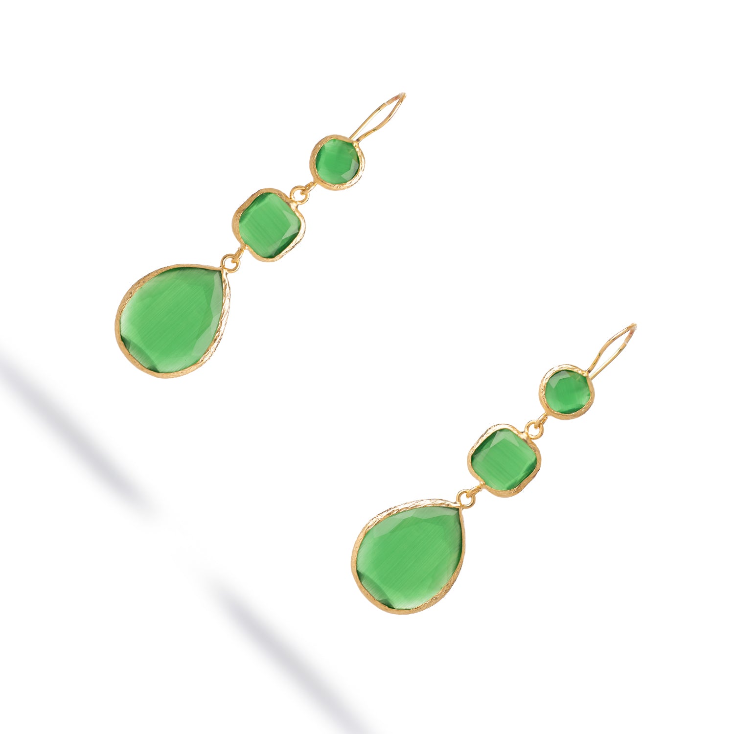 Mystic Green Cat Eye Gold Dangle Earrings