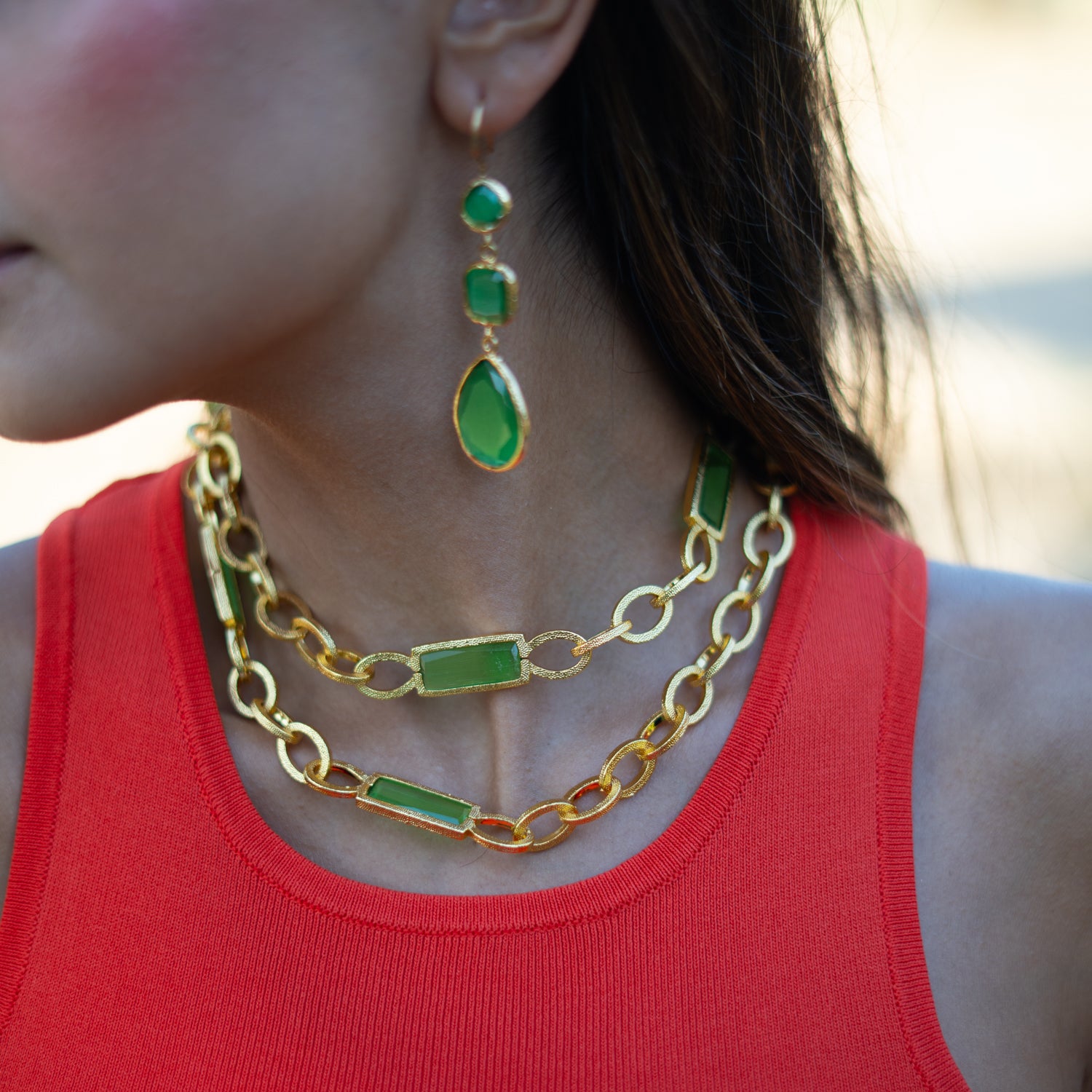 Mystic Green Cat Eye Gold Dangle Earrings