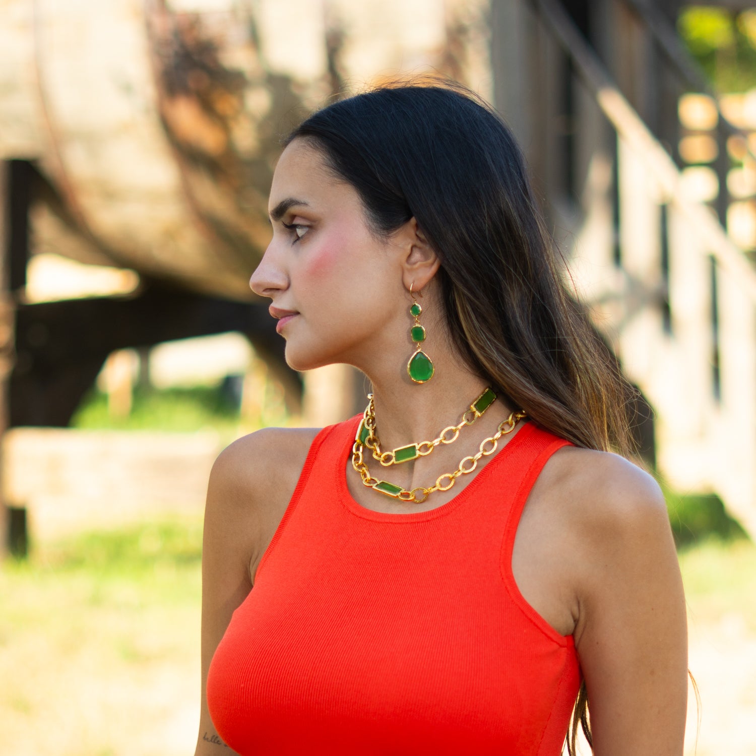 Mystic Green Cat Eye Gold Dangle Earrings
