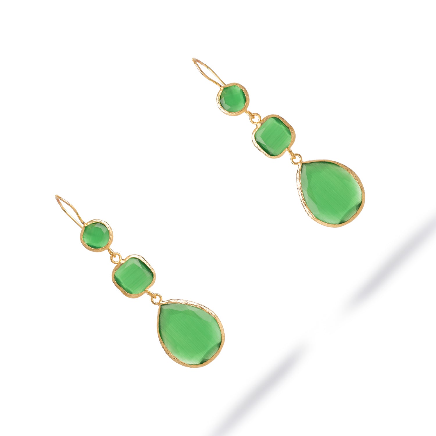 Mystic Green Cat Eye Gold Dangle Earrings
