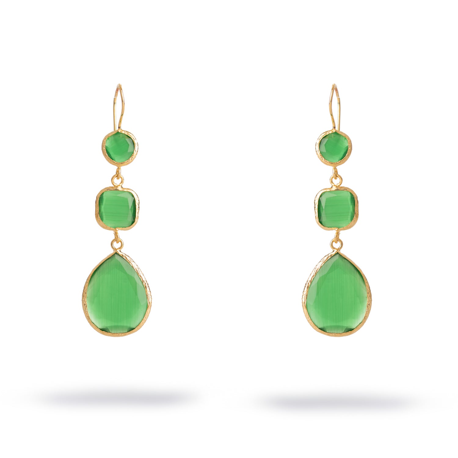Mystic Green Cat Eye Gold Dangle Earrings