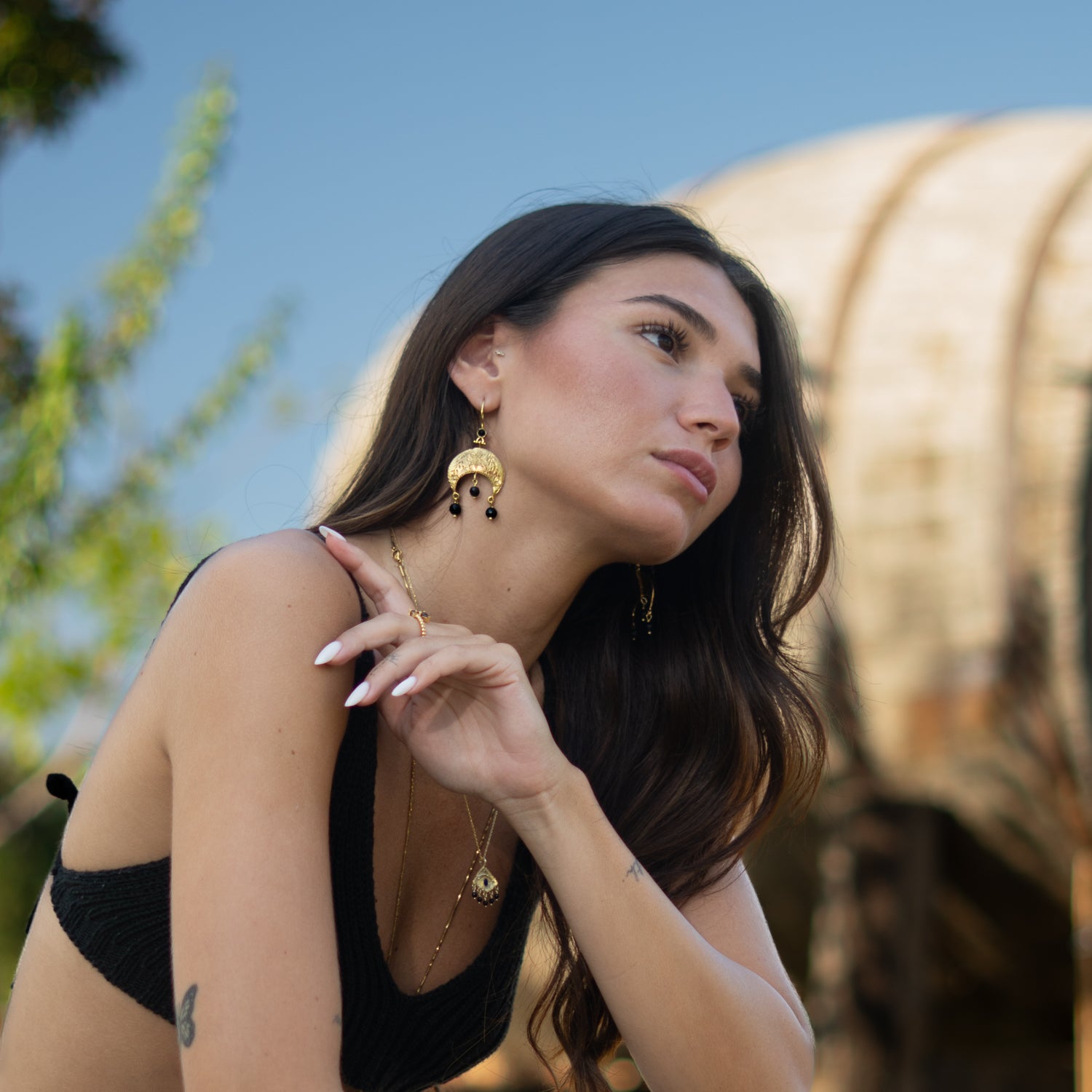 Mystic Moon Onyx Dangle Gold Earrings