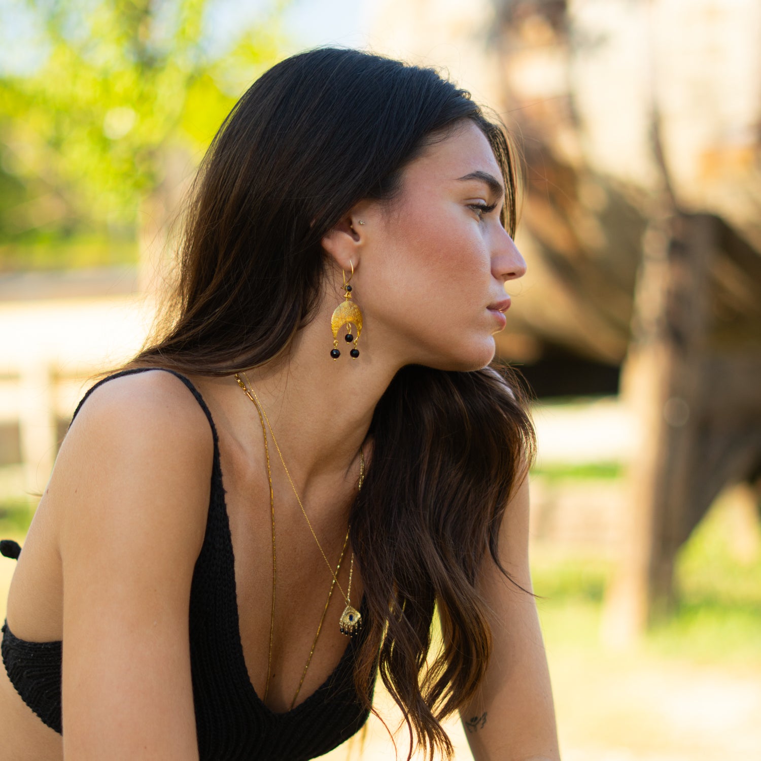 Mystic Moon Onyx Dangle Gold Earrings