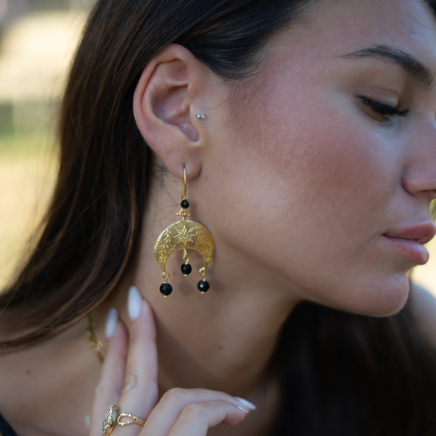 Mystic Moon Onyx Dangle Gold Earrings
