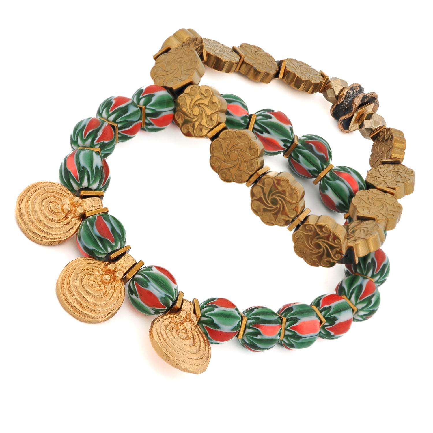 Close-up of gold hematite bracelet with engraved flower patterns for balance and peace