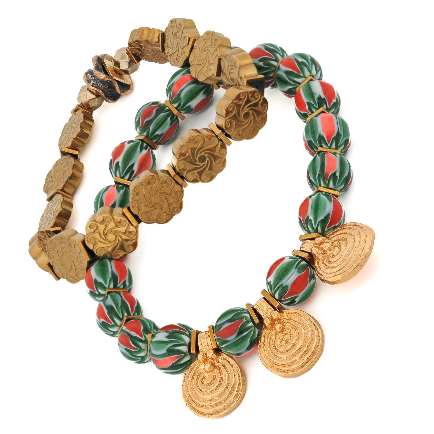 Bohemian bracelet set combining vibrant African beads with mystical gold hematite stones